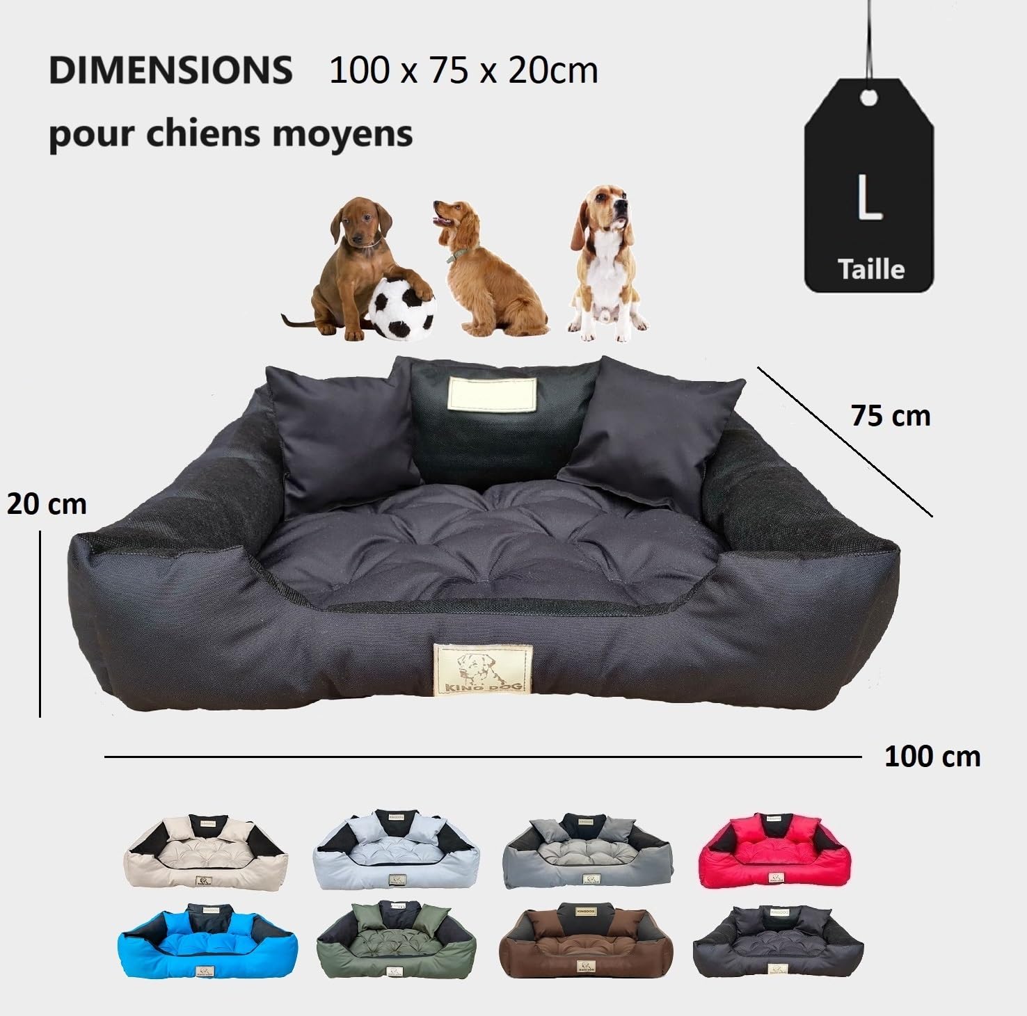 KING DOG Lit pour Grands Chiens L 100x75 Noir | Personnalisé - Nom du Chien | Coussin Imperméable | Canapé Adapté au Lavage | Moelleux, Douillet et Super Doux | Made in EU