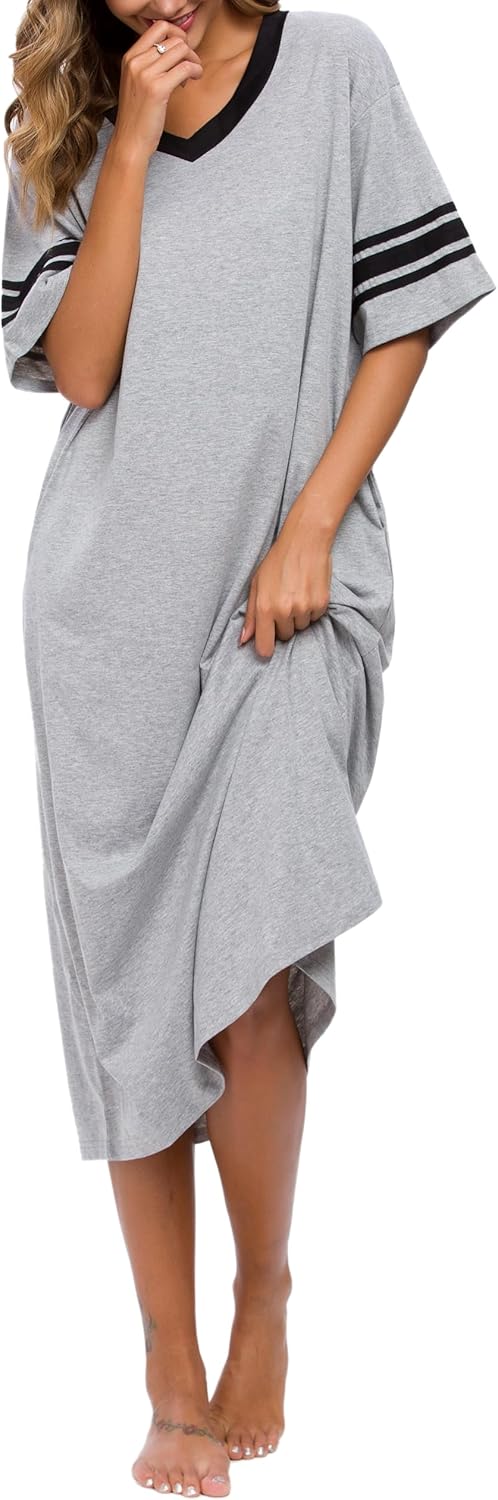 Womens Nightgown V Neck Knit Long Sleepwear Short Sleeve Soft Loungewear with Pockets S-XXL - Image 4