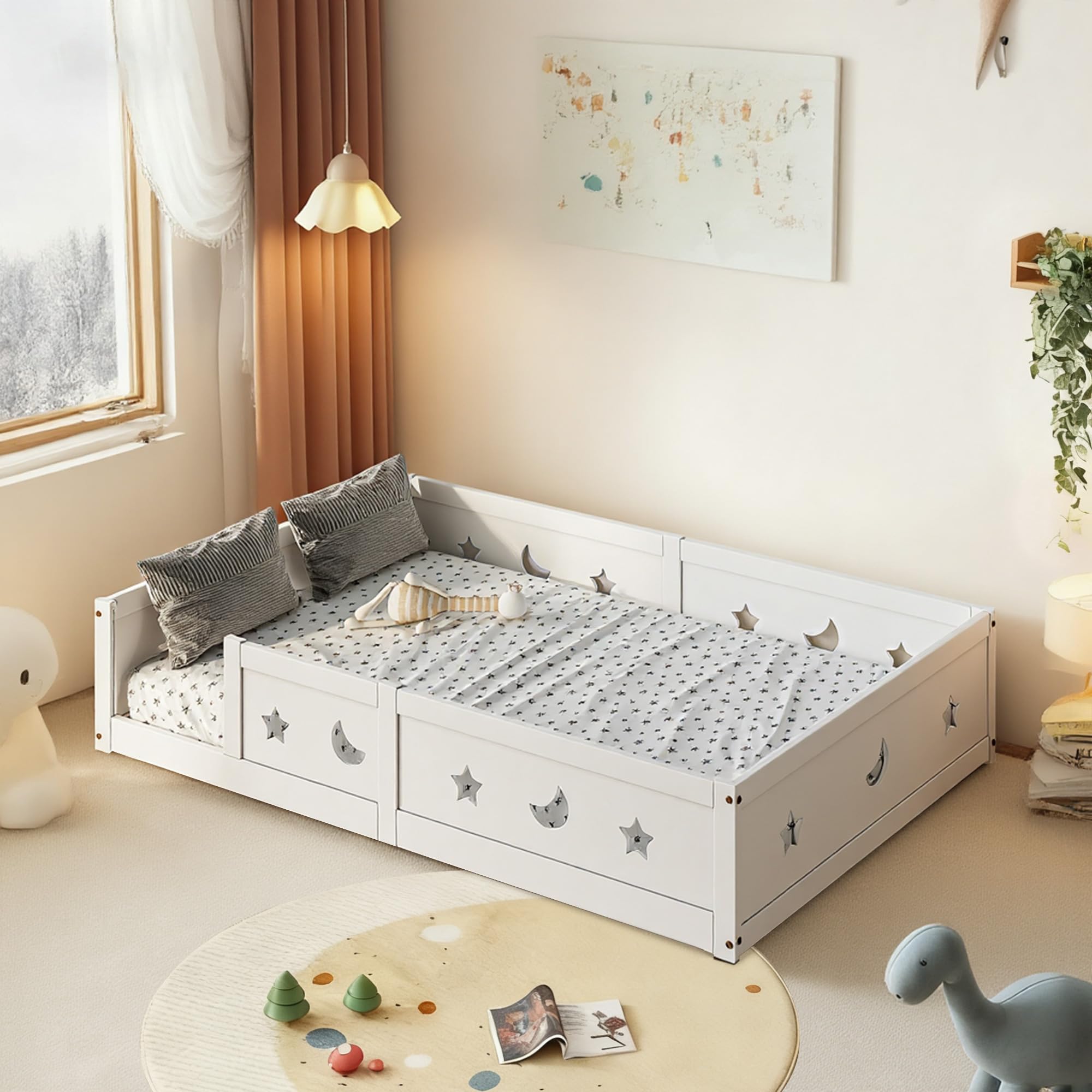 Cama infantil Montessori de suelo de 120 x 200 cm, cama individual con cerradura de puerta, cama individual para niños con somier, cama de madera, cama con protección anticaídas, madera maciza