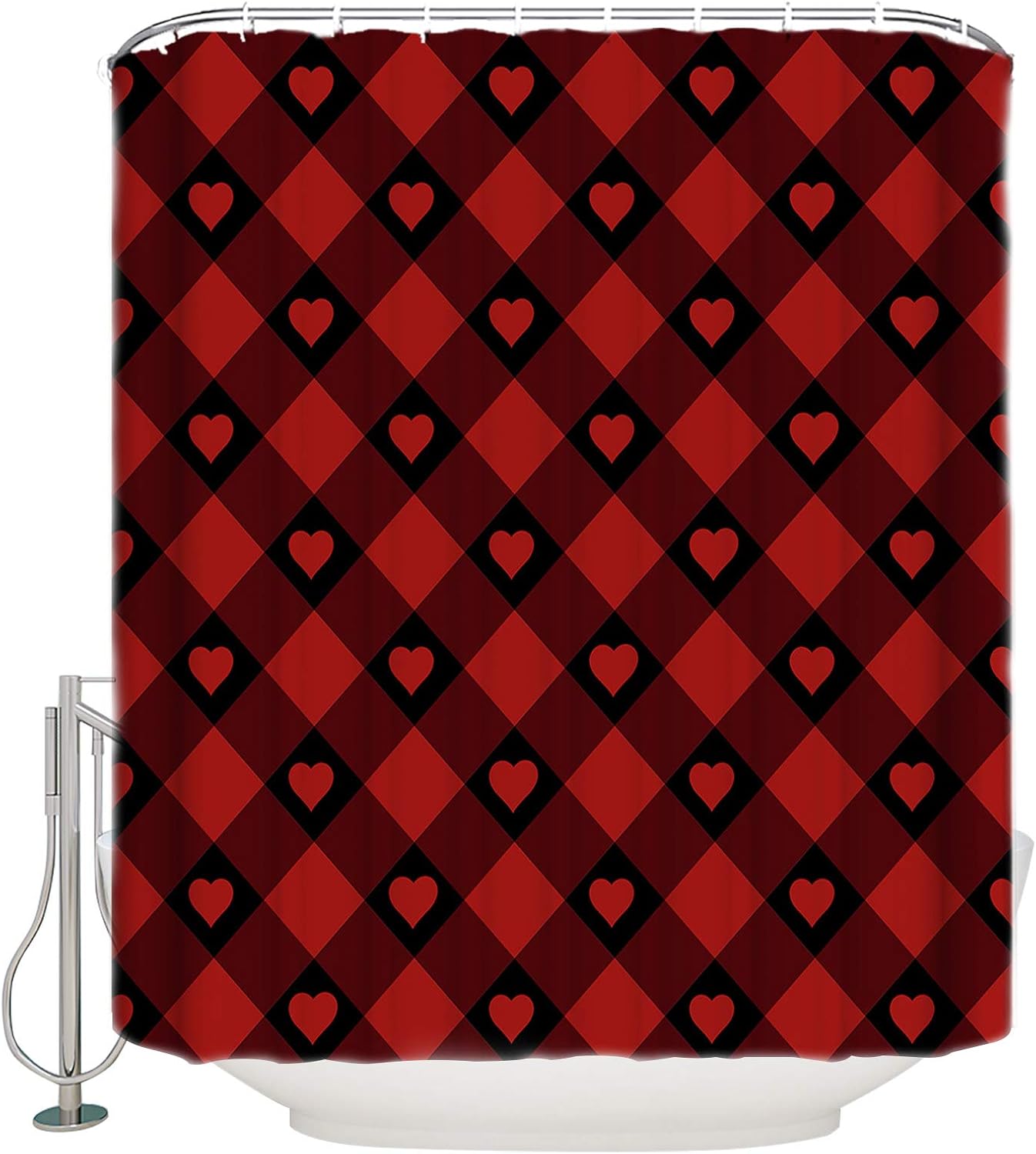 ALAGEO Valentine's Day Shower Curtain Red Check Plaid Shower Curtains for Bathroom Decor,Heart Love Bath Curtains Sets with Hooks Waterproof Extra Long 72" x 96"