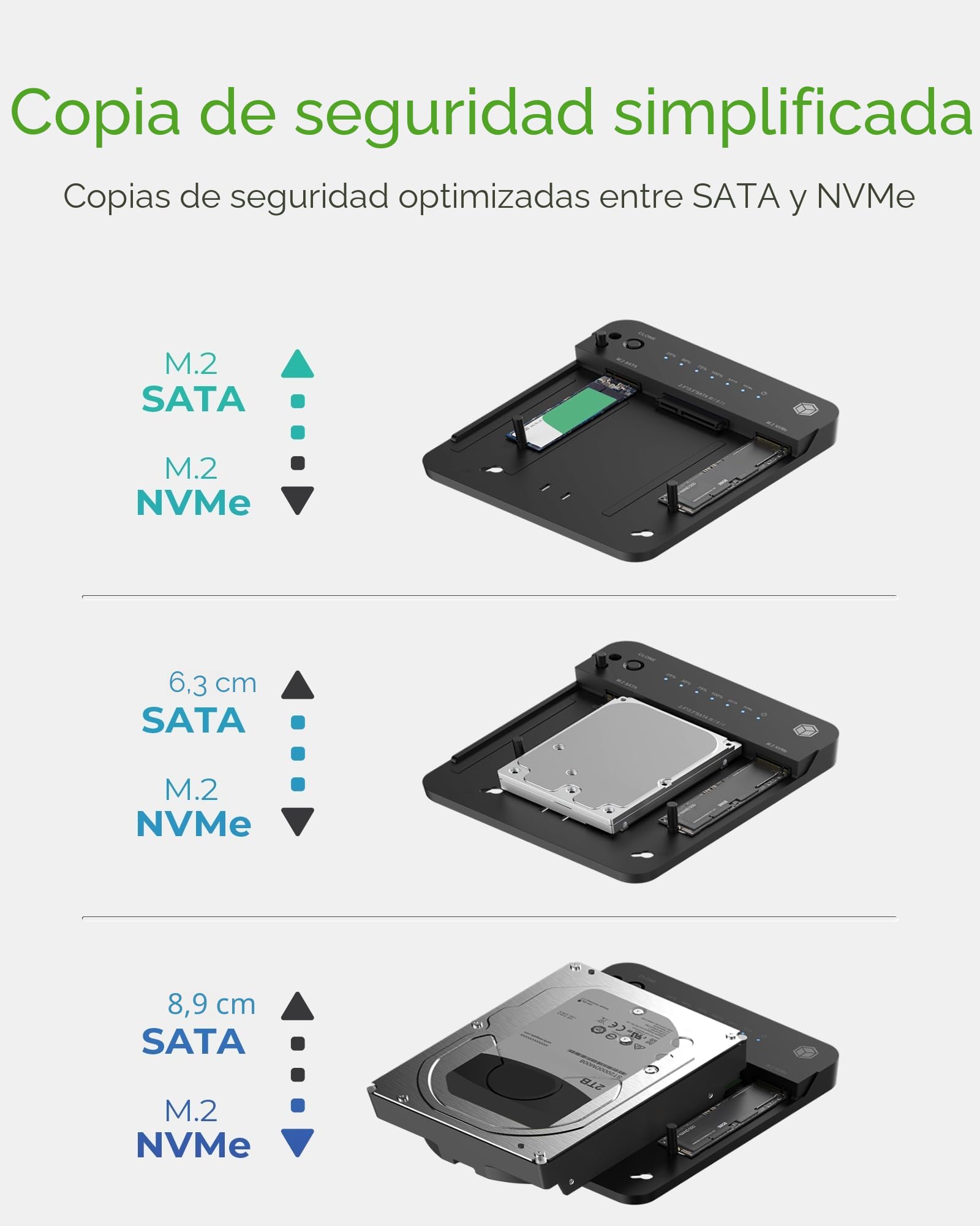 Icy Box HDD/M.2 NVMe SSD Docking Station USB 3.2 Gen 2 (10 Gbps), estación de clonación y Lector de Discos Duros (SATA 2,5/3,5 Pulgadas y M.2 NVMe/SATA SSD), clonación bidireccional, USB-C y USB-A,