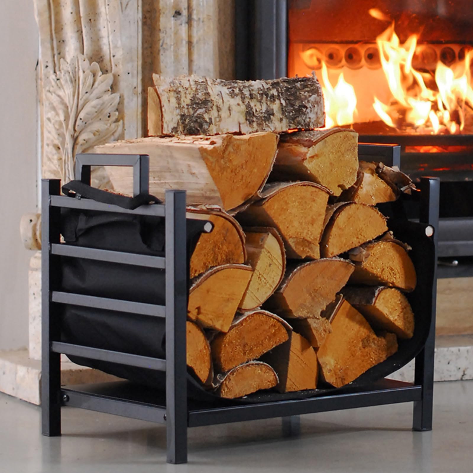 Leñero de Metal Leñeras de Interior y Exterior, Soporte para Leña de Chimenea, con Transportador de Leña y Asas, para Patios y Terrazas