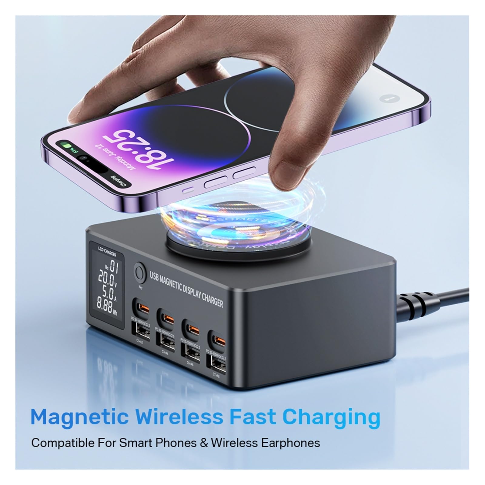 Caricatore USB Multiplo, Caricabatterie Wireless con Stazione di Ricarica Rapida Multi USB-C da 140 W con Display LED PD QC 3.0 Ricarica Rapida(No Cable)