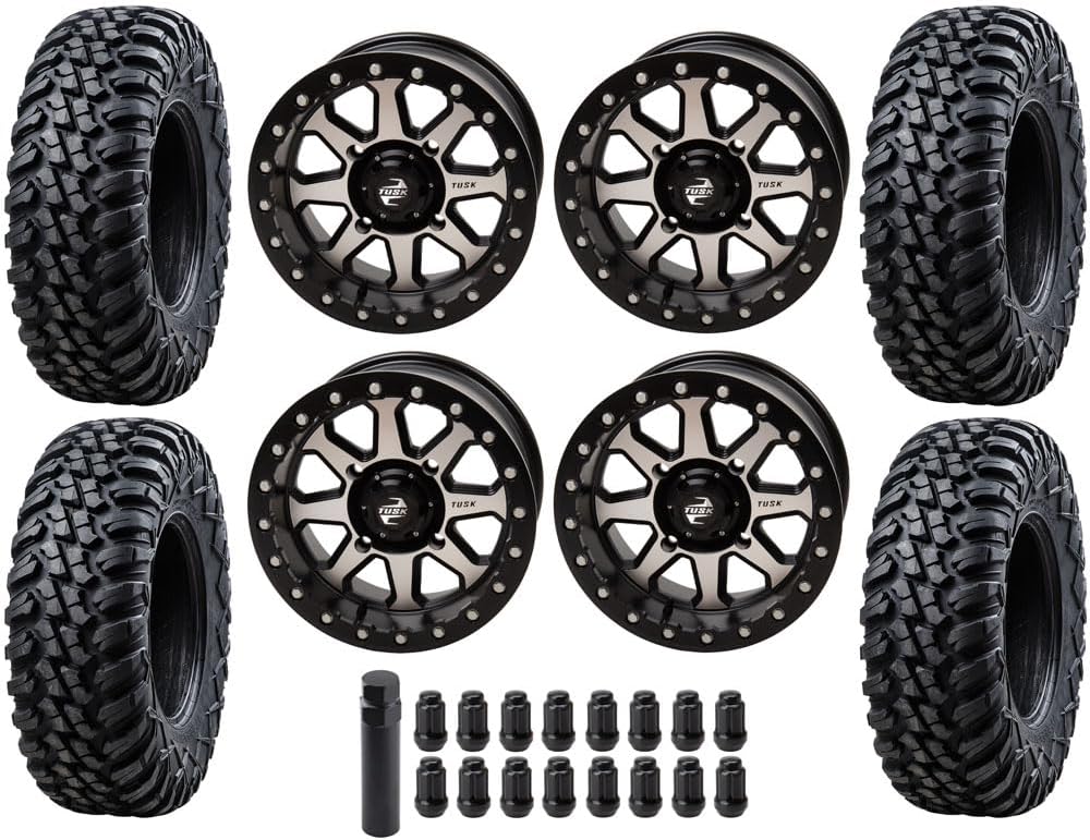 Four 32x10-15 Tusk TERRABITE Heavy Duty 8-Ply Radial UTV Tires on Tusk UINTA Beadlock Wheels - For HONDA TALON 1000 UTVs 4/137 bolt pattern Includes Lug Nuts (4+3 Wheel Offset, Machined)