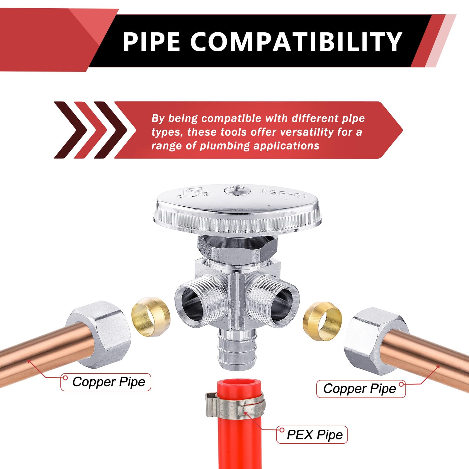 EFIELD - Valvola di arresto angolare a doppia uscita, multi-giro, 1,27 cm, a crimpare Barb Pex ingresso x (3/8" x 3/8") uscita di compressione, cromata, confezione da 10