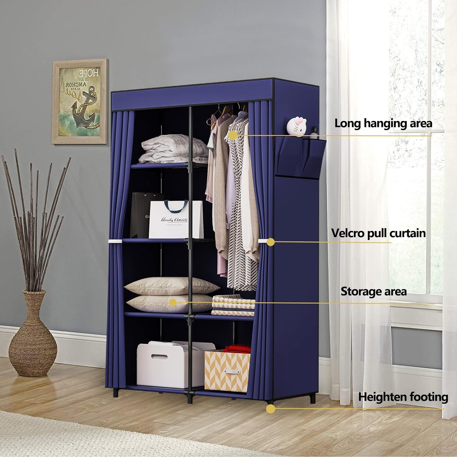 36 Inch Portable Wardrobe Closet Clothes Organizer with Metal Shelves and Dustproof Non-Woven Fabric (Blue)