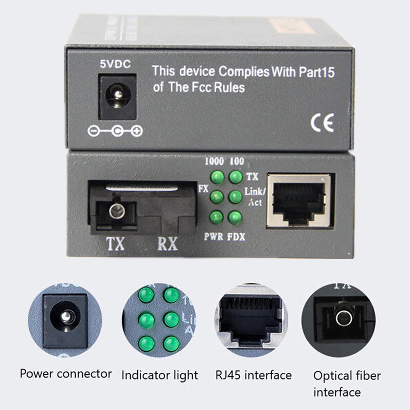 MOUDOAUER Lot de 2 convertisseurs de médias Gigabit Ethernet rapide 1,25 Gbit/s, port SC 10/100 M/1000 M, 3 km vers port RJ45, fibre SC monomode, jusqu'à 3 km
