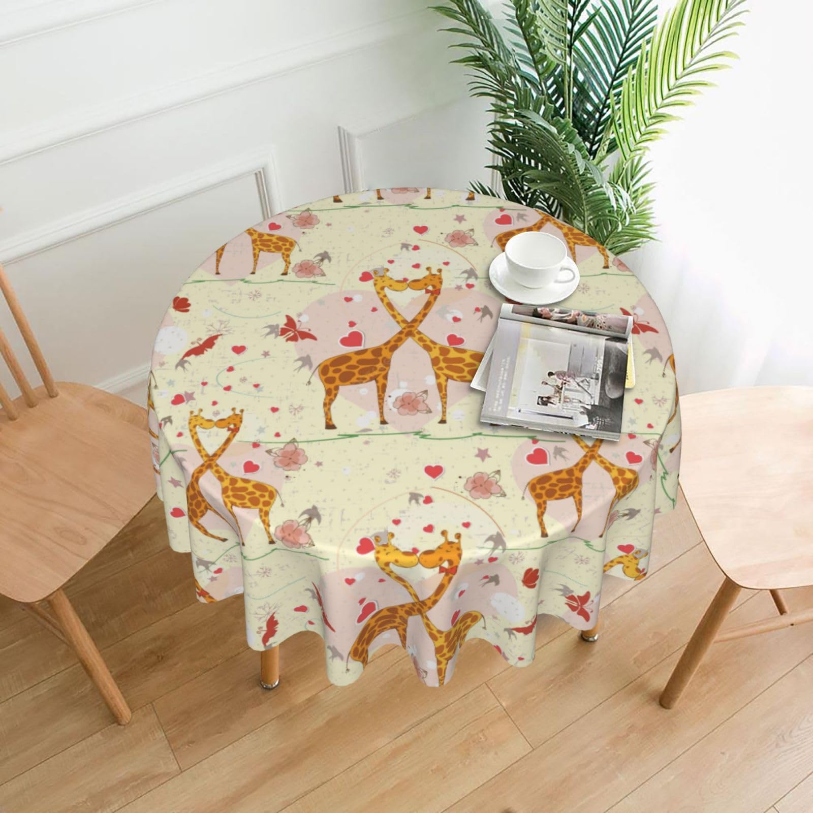 Nbtghga Giraffe Heart Flower Butterfly Print Tablecloth Round Border Table Cloth Cover Decorative For Party Holiday Dinning Tabletop Home