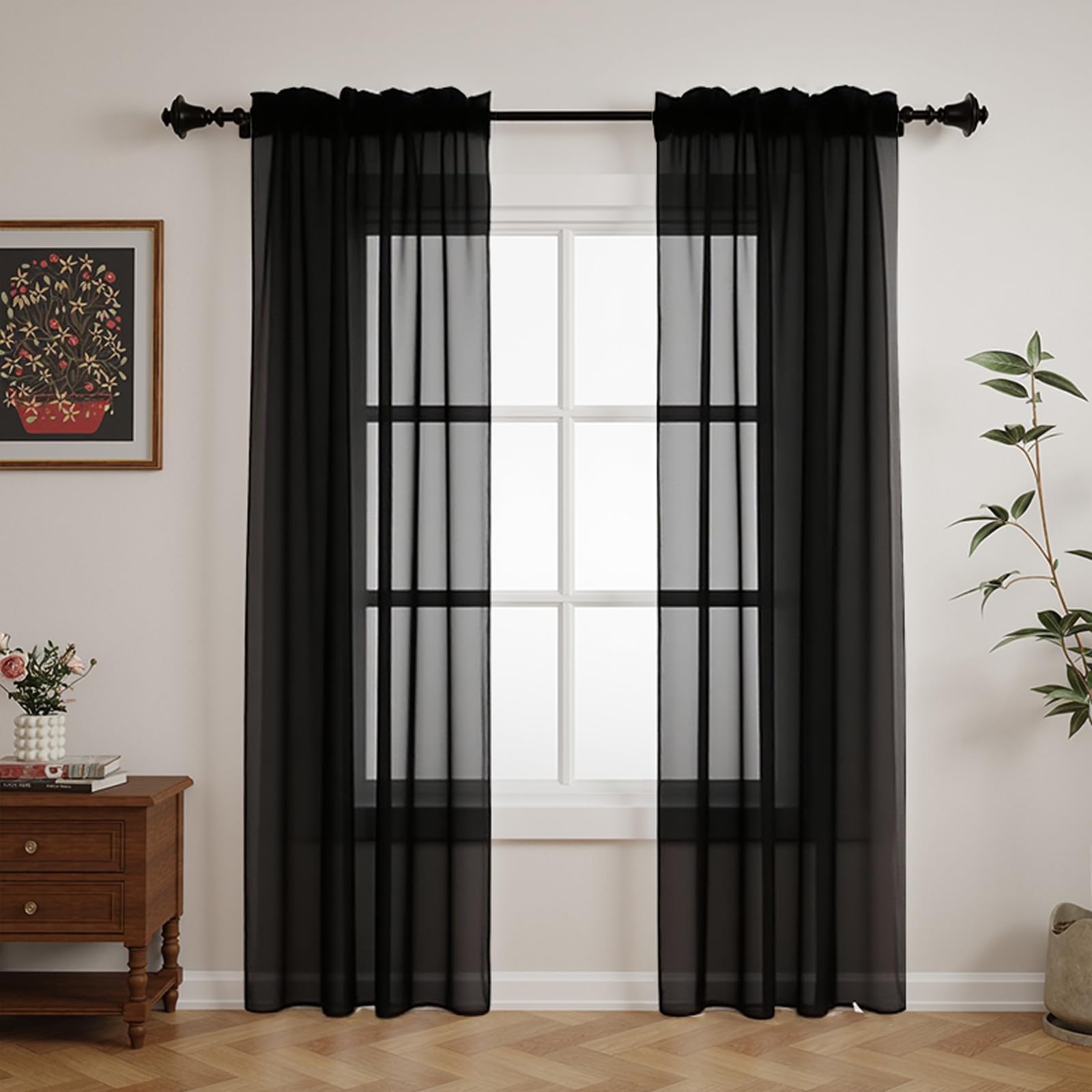GFCC Voile Curtains, 90 Drop 2 Panels Black Net Curtains for Windows Rod Pocket Sheer Curtain Semi Transparent Eyelet Sheer Curtain Panel for Bedroom Kitcken Living Room W60xL90 Inch (152 x 228cm)