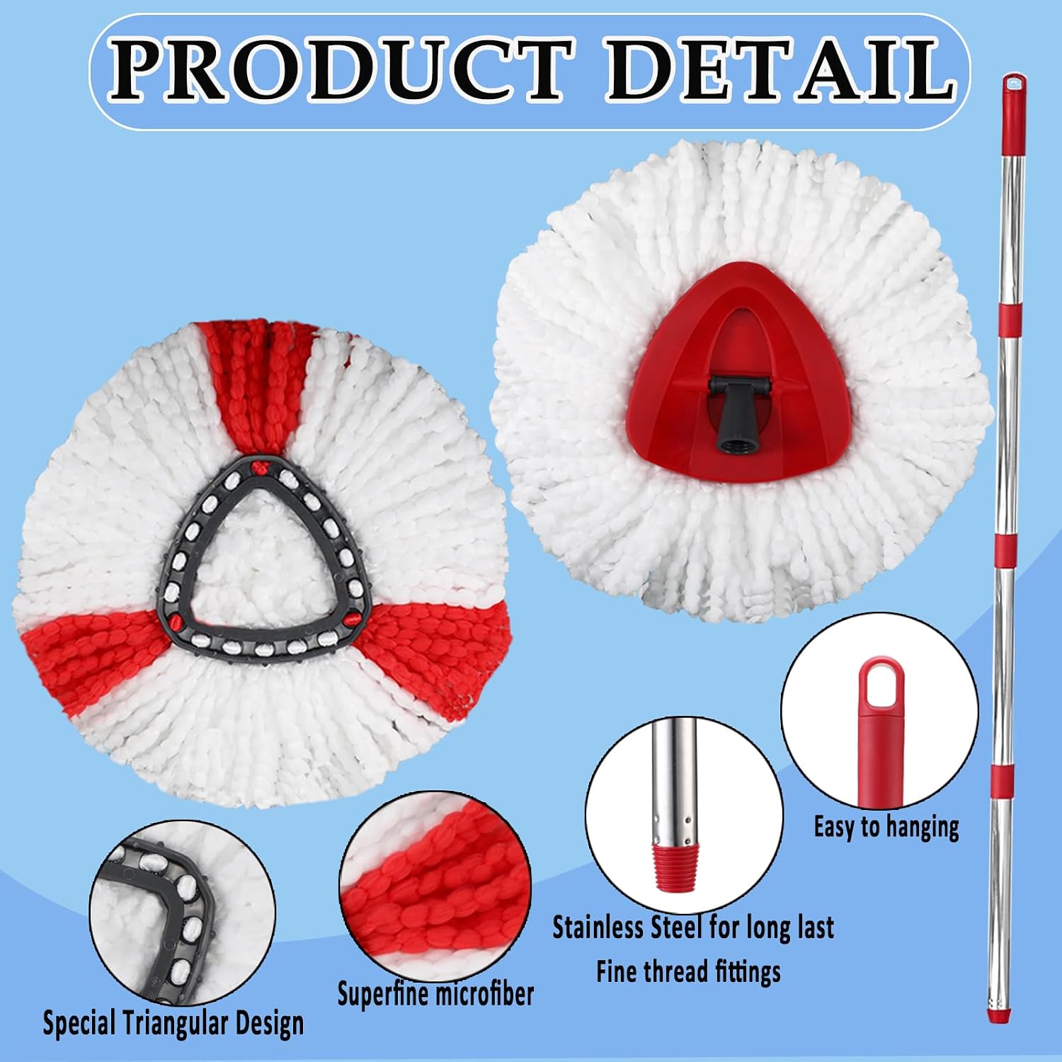 Spin Mop Head Replacement for Ocedar, 3 Microfiber Mop Head, 1 Base, 1 Mop Handle (30-58in) Combo Mops Set Compatible with O-Cedar EasyWring Microfiber Spin Mop (1 Tank System)