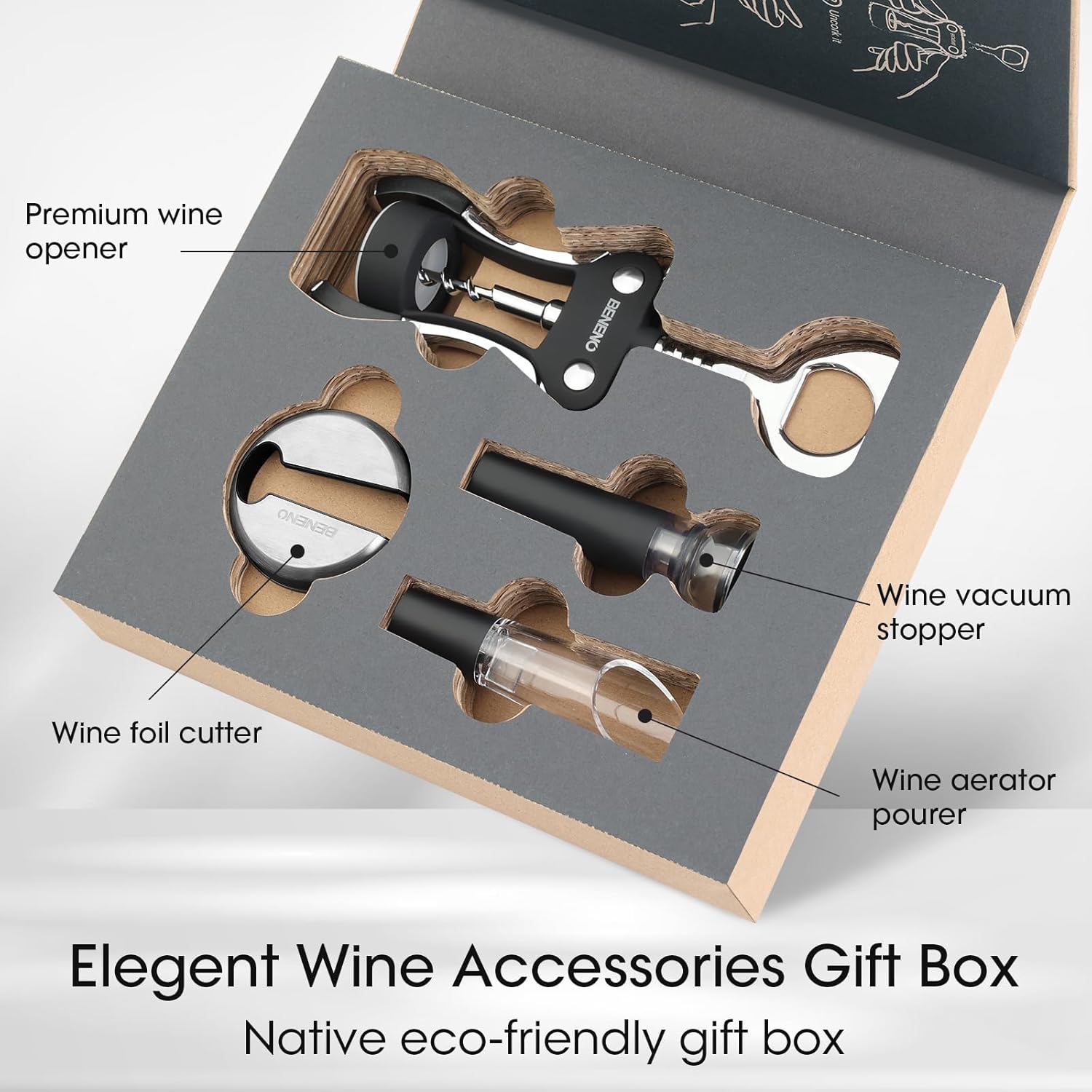 Beneno Multifunctional Wine Bottle Opener Gift Wing Corkscrew, Foil Cutter, Vacuum Stopper & Aerator Pourer, Perfect for Wine Lovers Man Woman, Elegant Black - Image 2