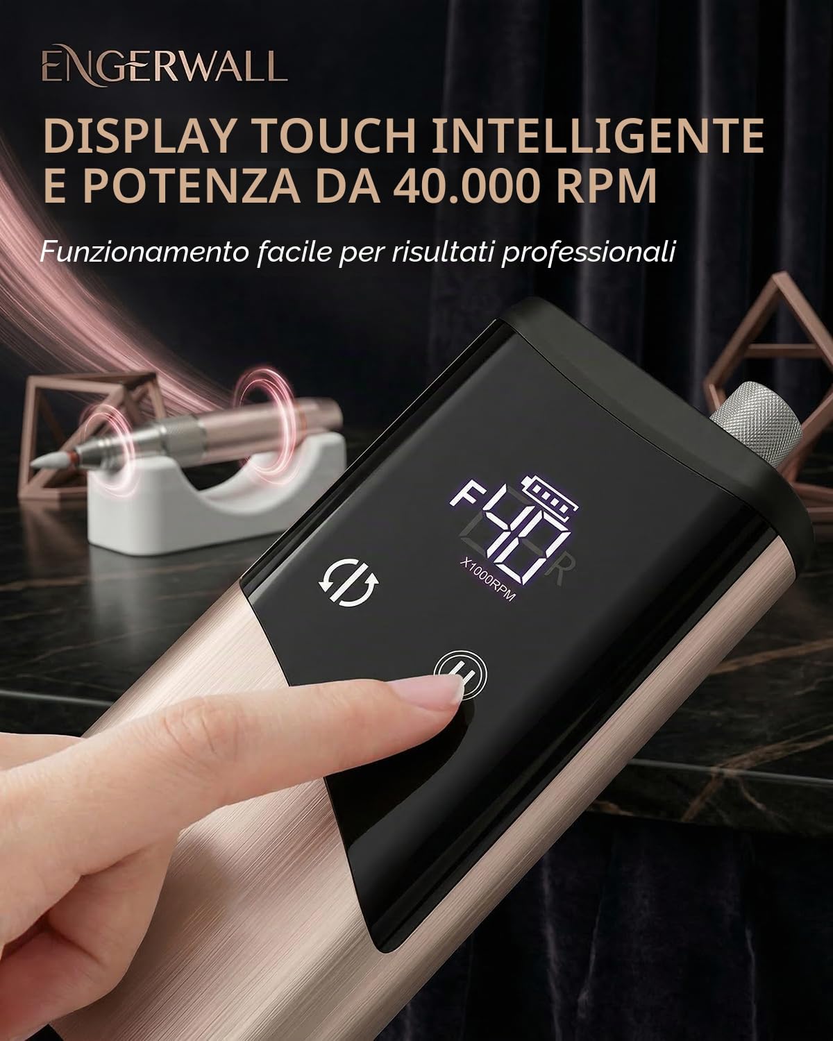 Fresa per Unghie Professionale con Motore Brushless 40000 RPM | Motore Brushless, 40000 RPM, Autonomia 24H Lima Elettrica Ricaricabile, Lega di Alluminio, Display HD Touch, Kit 13-in-1