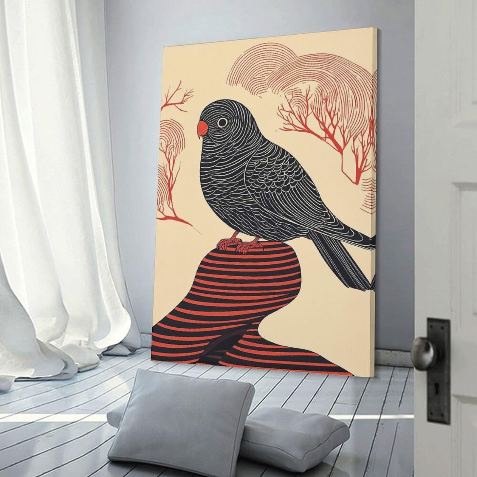 Junmoney Decorative Canvas Print Black Bird on Striped Rock, 20x30inch(50x75cm), for Home Office, Desk Area Or Studio, Home Office Artwork with Decorative Appeal