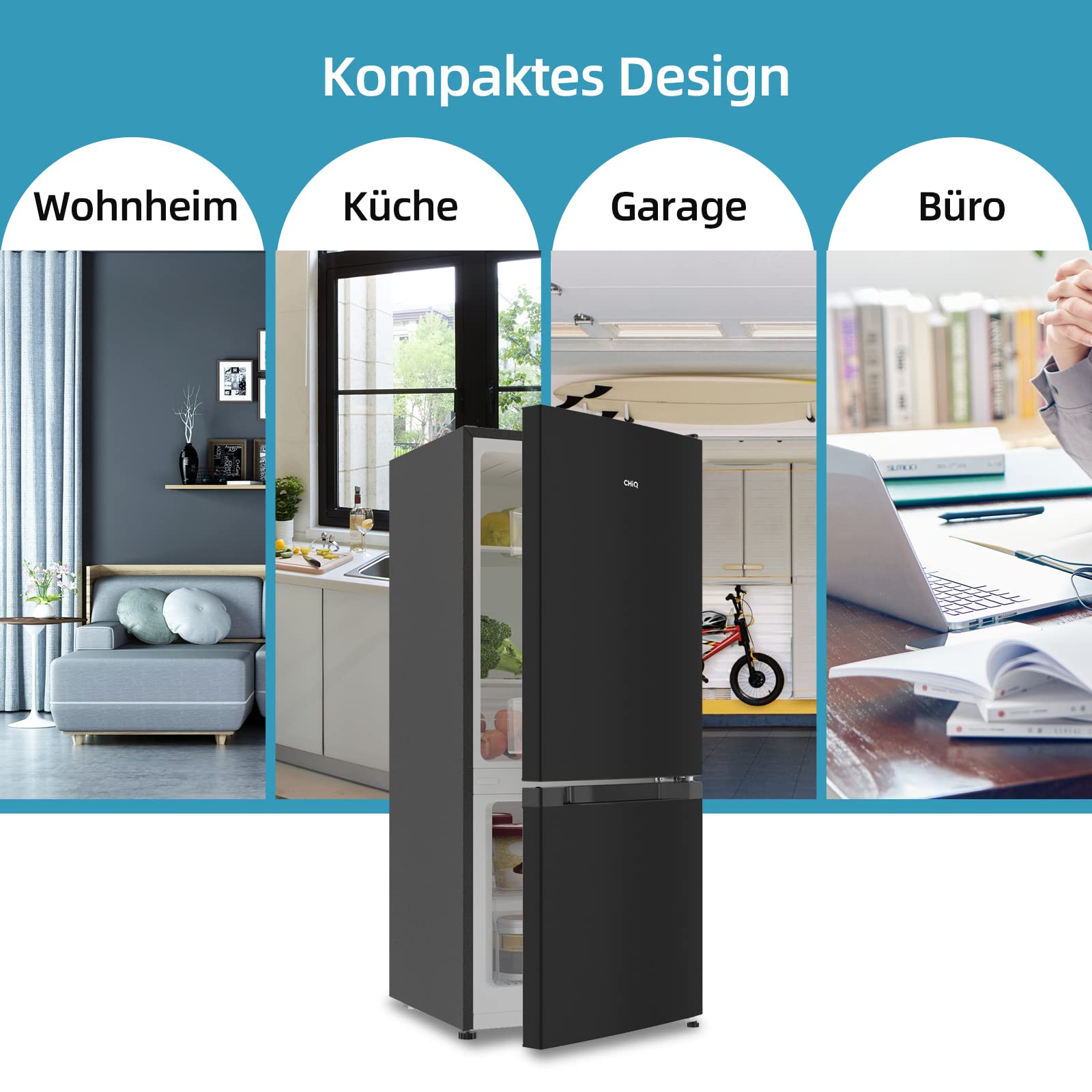 CHIQ Freistehender Kühlschrank mit Gefrierfach Kühl-Gefrierkombination 114 cm 47 cm 117L 4 Sterne -24℃ LED Dunkler Edelstahl
