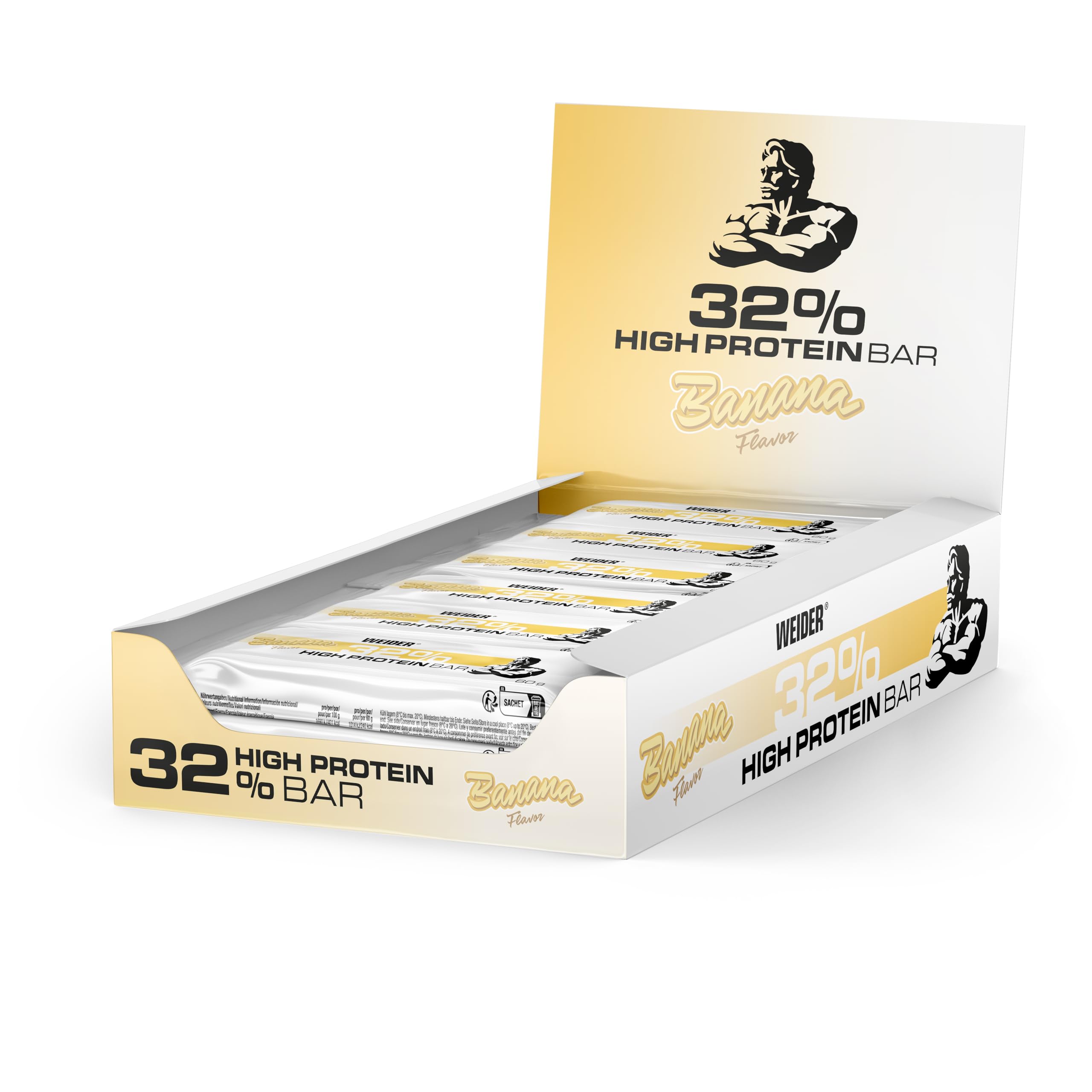 WEIDER 32% Protein Bar, délicieuse barre protéinée enrobée de chocolat fin, haute teneur en protéines, barre énergétique, snack musculation, Banane, 12 x 60 g