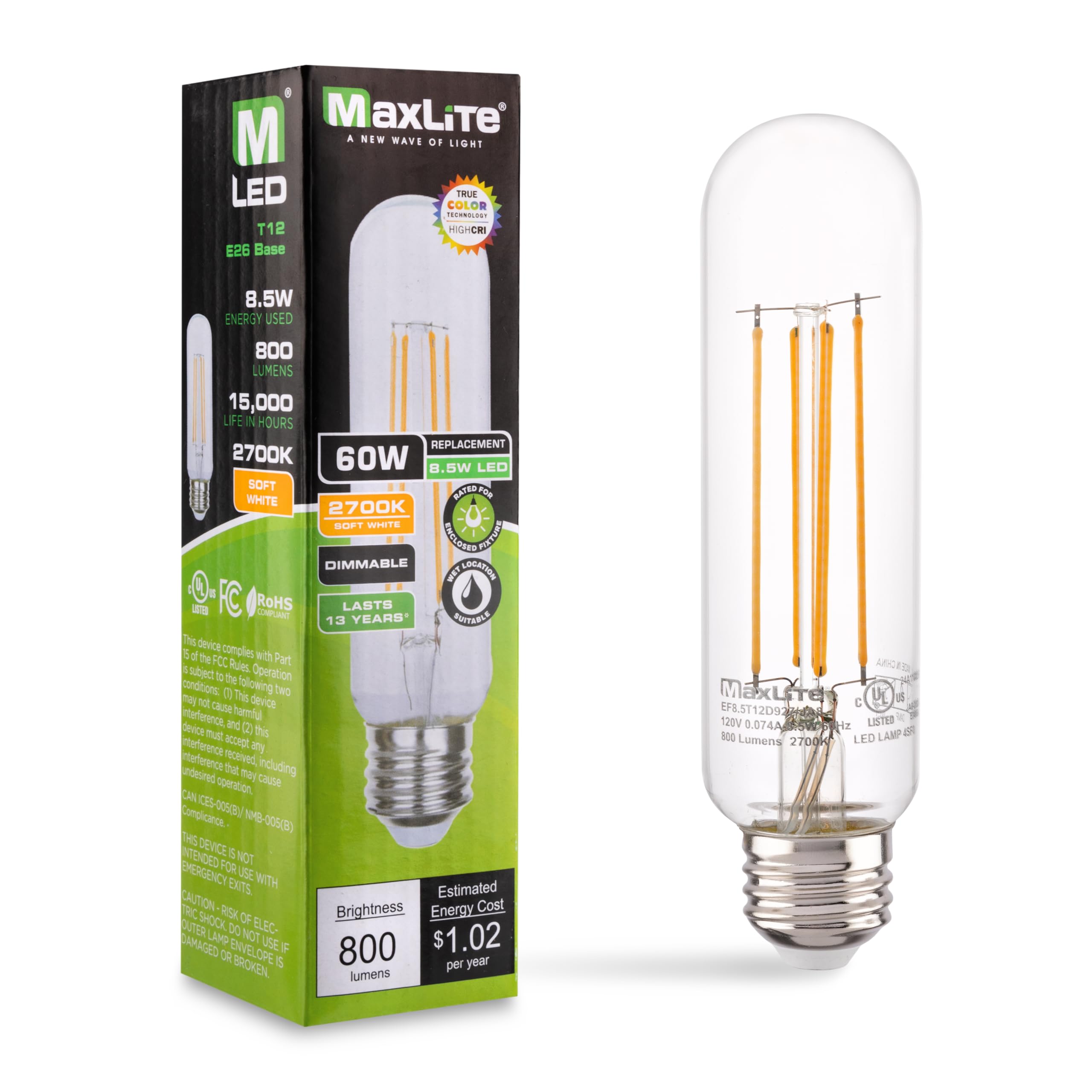 LaLito③ Maxlite EF8.5T12D927/JA8 Enclosed LED Filament Lamp, Clear