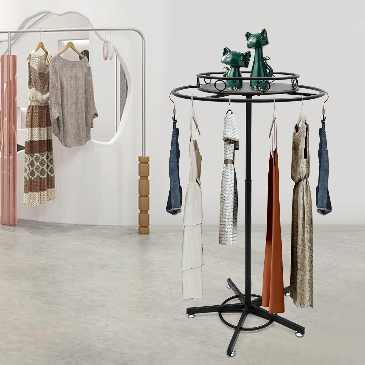Rotatable Round Garment Rack, Floor Standing Iron clothes Hanging Rack with Topper, Suitable for Large Shopping Malls Retail, Clothes Boutique Display Laundry Rooms Multi-Purpose Hanging (Black)