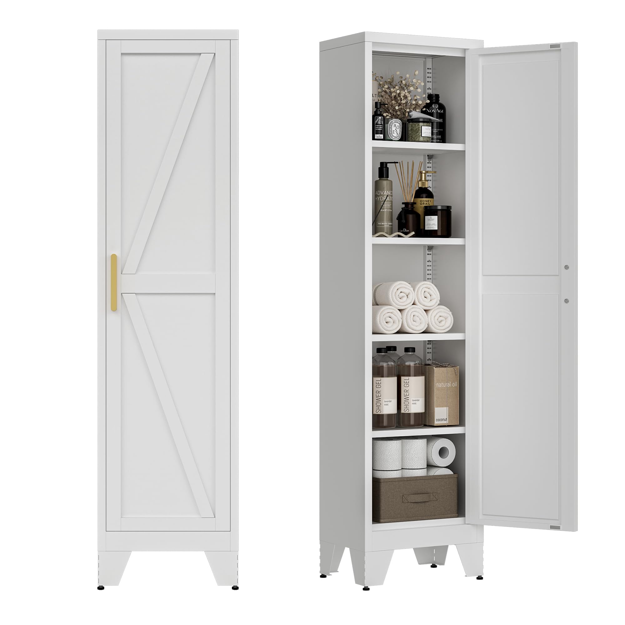 LCAOPC 67" Tall Narrow Bathroom Metal Storage Cabinet with 4 Adjustable Shelves, Freestanding 5 Tier Slim Pantry Storage Cabinet for Small Space, White