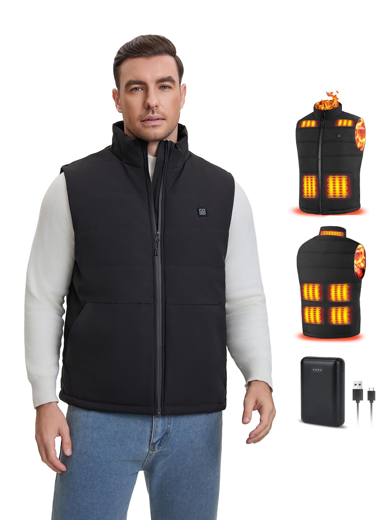 Rrtizan Chaleco calefactable hombre con bateria 10000mah, chaqueta calefactable sin mangas ligera, 3 niveles de calor + 9 zonas, Para trabajar al aire libre, ciclismo, moto y esquí