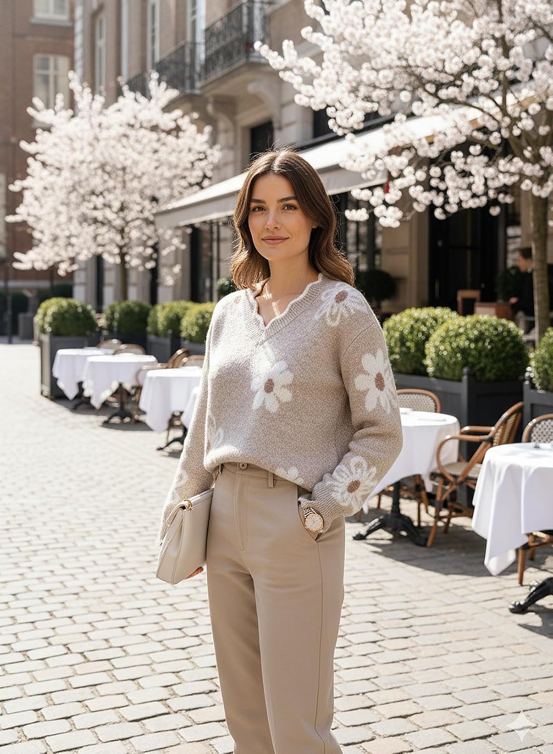 Dokotoo Women's Fall Sweaters 2025 Long Sleeve V Neck Casual Tops Ribbed Knit Comfy Fuzzy Pullover Floral Sweater - Image 2