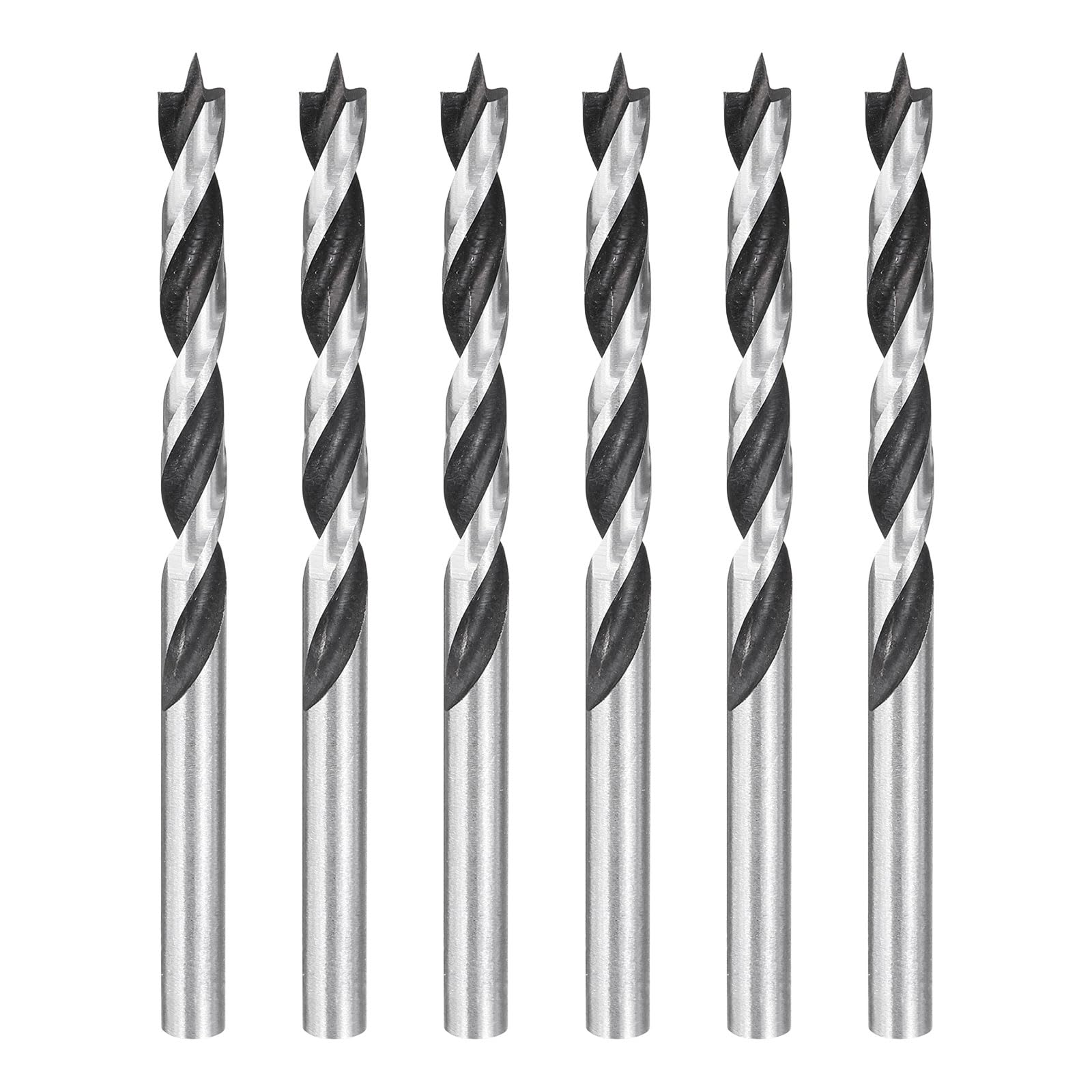 sourcing map 6pcs Brad Point Drill Bits 6mm(15/64") Dia Straight Round Shank Metric Brad Point Spiral Twist Drill Bits for Softwood Hardwood Plywood Plastic Rubber, Silver Tone