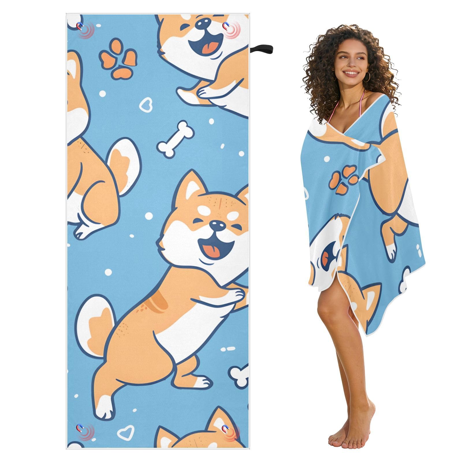 Toallas de playa grandes con bolsas de malla para adultos, lindo perro Shiba con huesos, toalla de baño con cierre magnético, toalla absorbente de secado rápido para piscina, camping y viajes