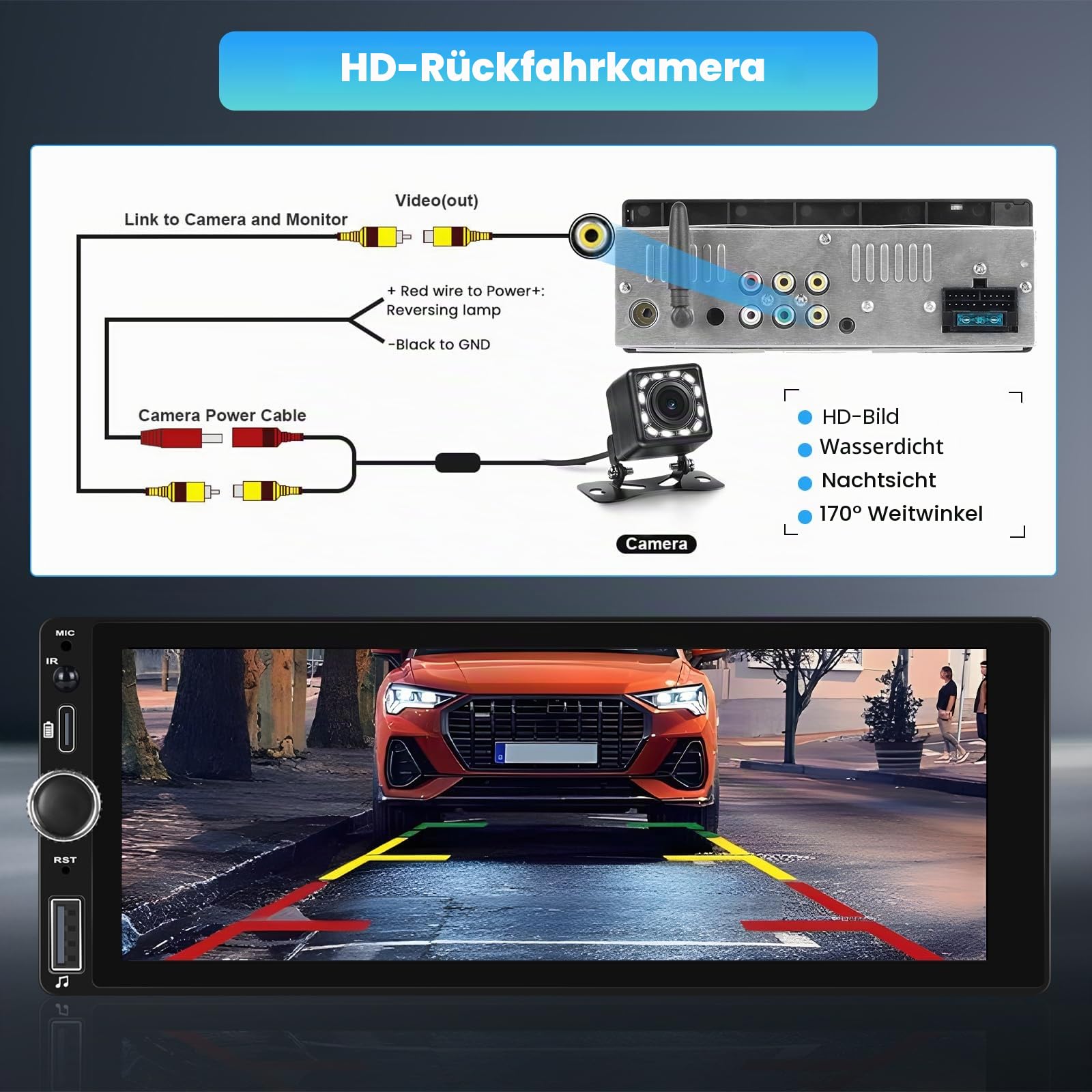 Inefala Autoradio 1 DIN mit Wireless CarPlay Android Auto, 6,9 Zoll Touchscreen Radio Bluetooth 1 Din mit FM/RDS Radio, Link Spiegel, SWC, EQ, Type-C Ladung/TF/USB/MIC/AUX+Rückfahrkamera