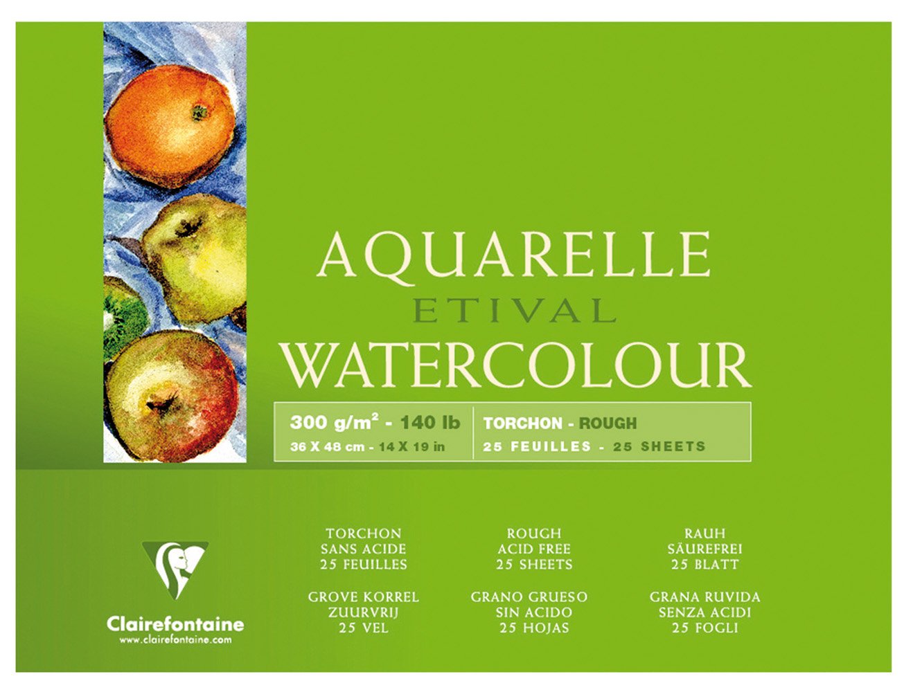 Clairefontaine 96463C Malblock, 4-seitig verleimt Aquarellpapier Grobkorn Torchon, Etival/Zellulose, 36 x 48 cm, 25 Blatt, 300 g Packung, weiß