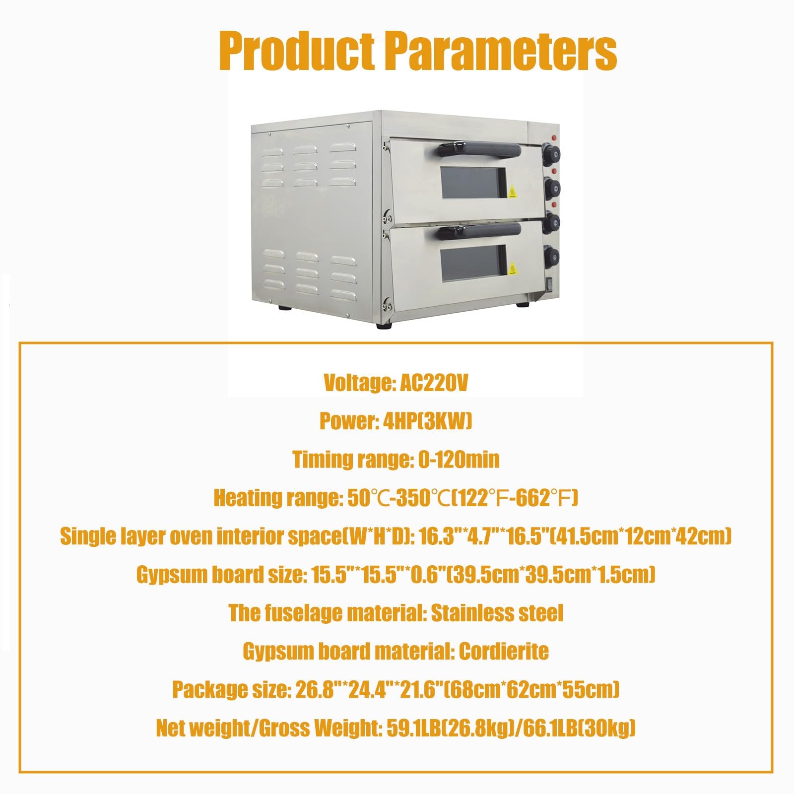 Horno de pizza comercial de 220 V, encimera eléctrica de doble piso, máquina de hornear pizza de 16 pulgadas, horno portátil de acero inoxidable de 3KW con control de tiempo, 0-120 minutos 3