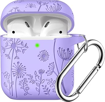 Lerobo for AirPod Case 2nd/1st Generation with Keychain | Flower Engraved Silicone Protective Cover for AirPods 2 Case, Wireless Charging, Shockproof, One-piece Design, Bluish Violet