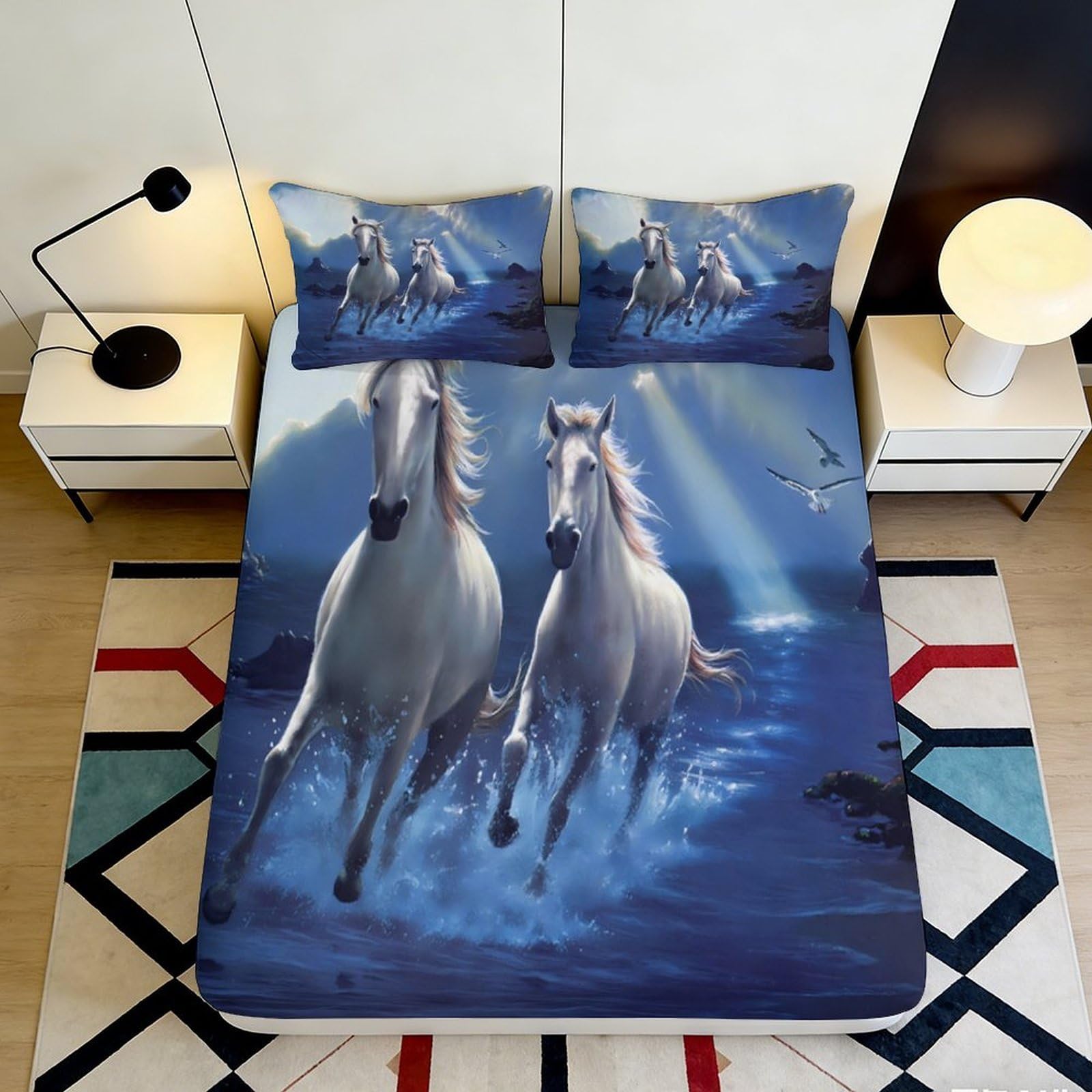 3D Printed Running Horses Fitted Sheet Microfiber Soft Anti-Slip Wild Stallion Bed Cover for Bedroom Dorm Mattress Decor 160x200x25cm