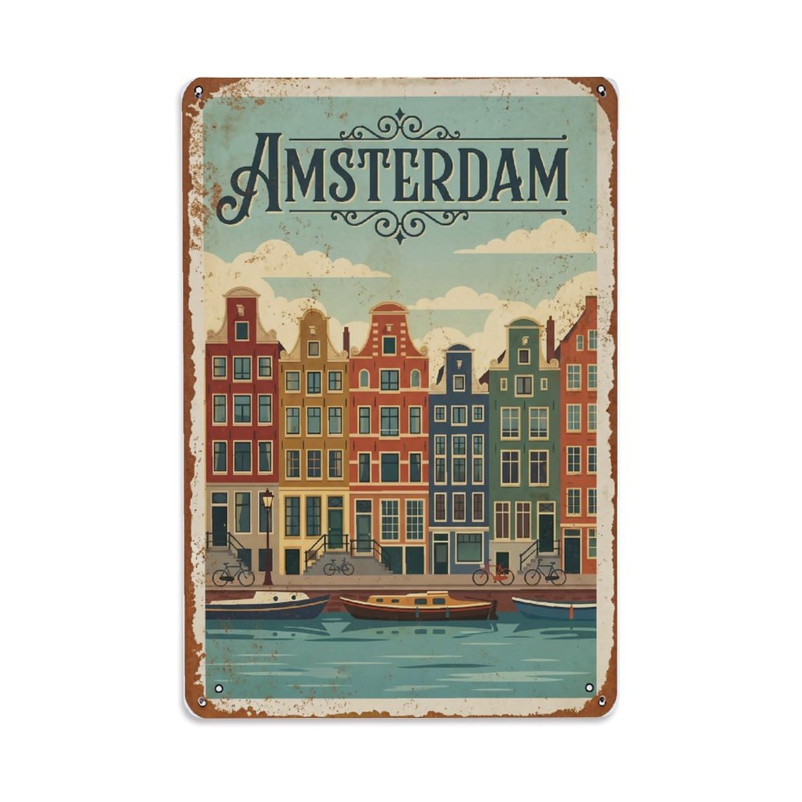 Vintage Travel Gables Netherlands Architecture Metal Tin Sign Plaque Wall Decor for Cafe, Club Bar, Office, Home Garden Metal Poster 8x12Inch