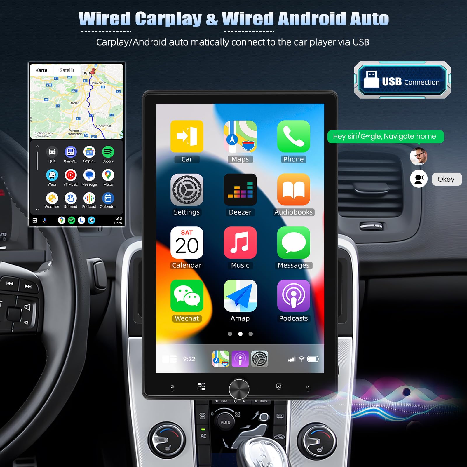 CAMECHO Autoradio 1 Din A-pple Carplay Android Auto con Telecamera Posteriore, 10.4 Pollici Schermo Girevole 2.5D 800 * 1280 Touchscreen Radio con FM Bluetooth EQ Specchio Link + Volante di Controllo