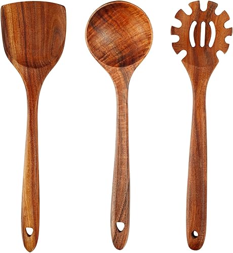 FJNATINH Juego de espátulas Wok de madera de teca de 3 piezas, juego de utensilios de cocina de madera, utensilios de cocina de madera de teca 100%