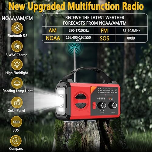 Miniatura 7 de Radio meteorológica de emergencia de 20000 mAh con altavoz inalámbrico, 74000 mWh NOAAAMFM radio solar con linterna celular, cargador de teléfono,
