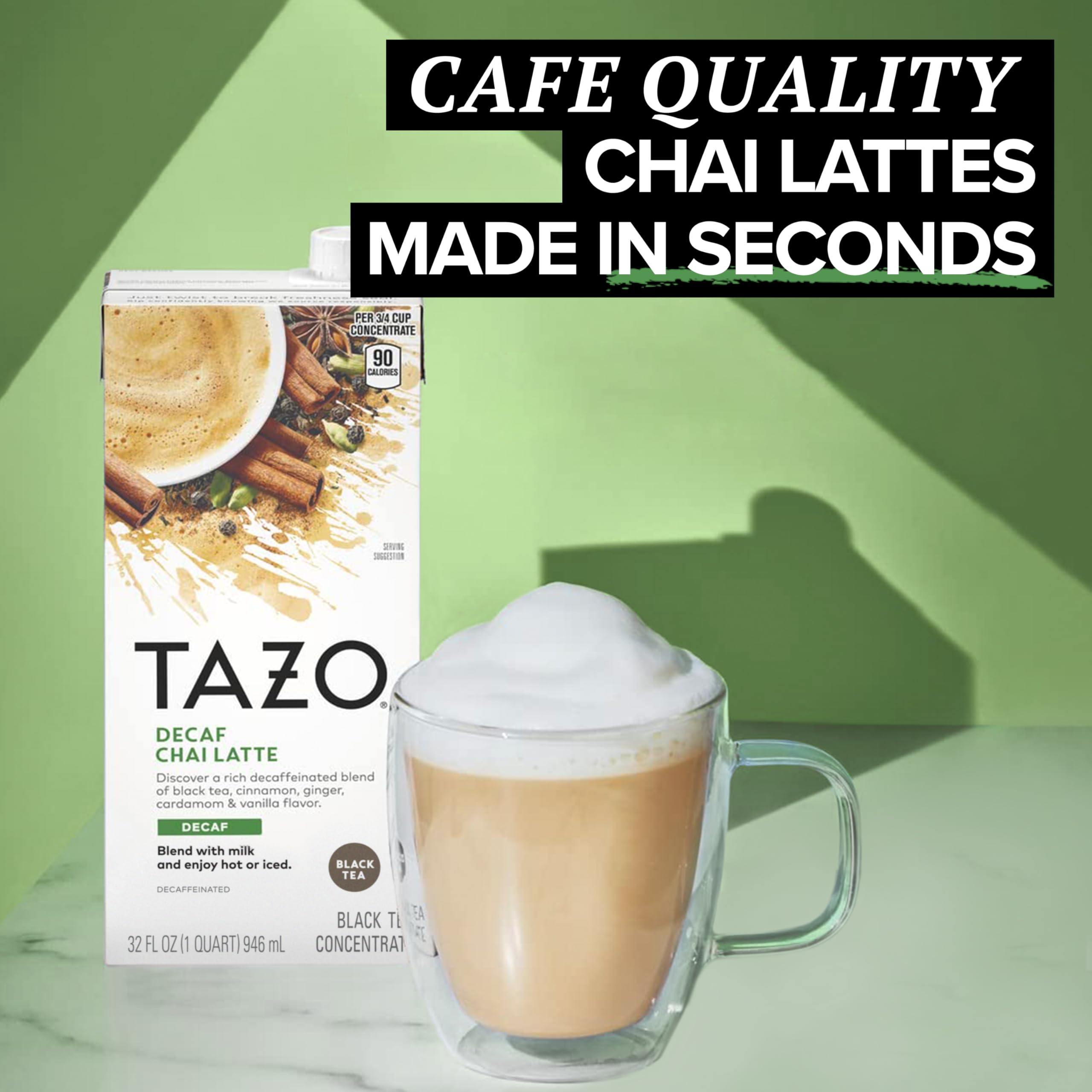 TAZO Decaf Chai Latte, Black Tea Concentrate, Easy-to-Serve Chai Tea for Everyday Lattes, Hot or Iced Tea and Mocktails, 32 oz Tea Mix Carton