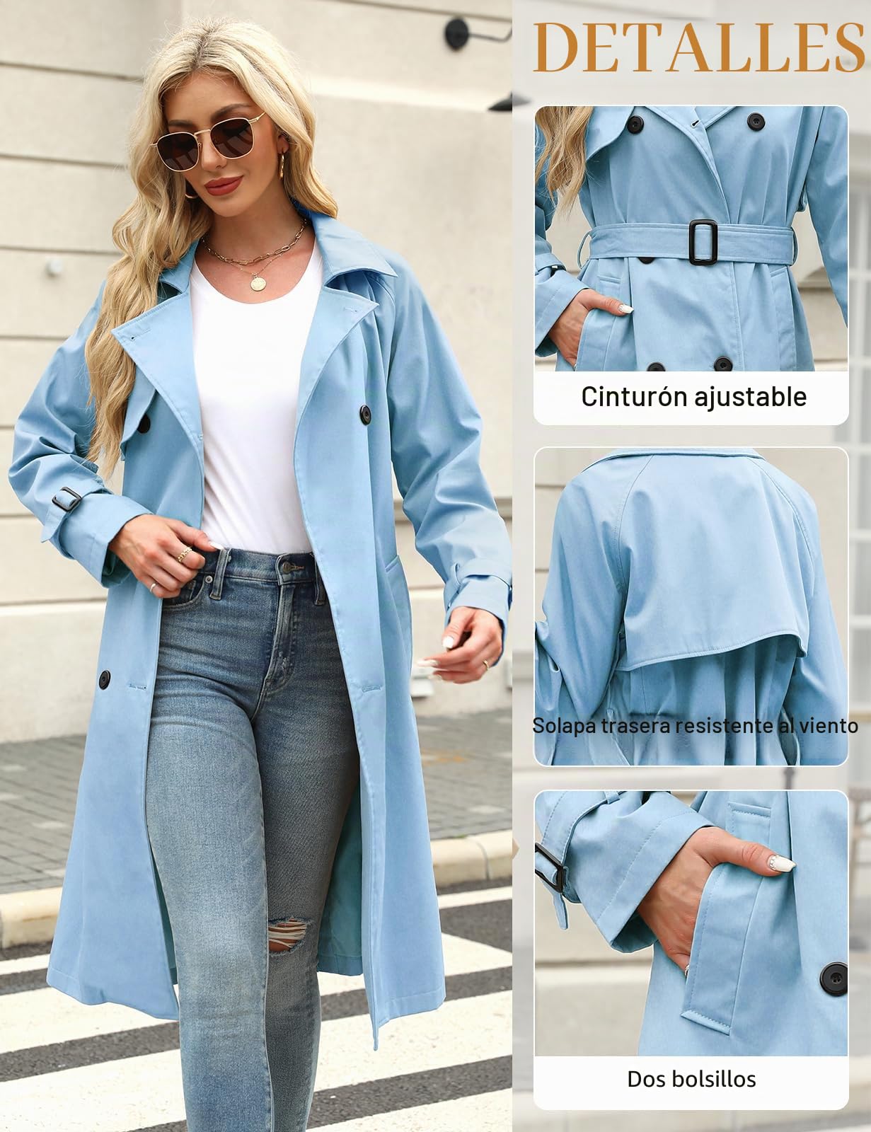 Vancavoo Gabardina para Mujer Abrigos Primavera Casual Clásica Doble Botonadura con Cinturón Abrigo Trench Antiviento