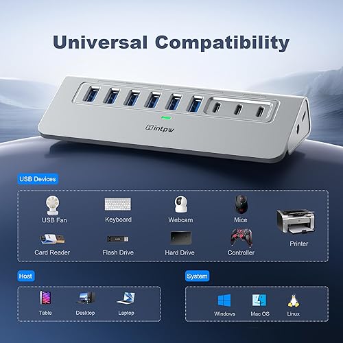Miniatura 6 de Hub USB alimentado de 10 Gbps, concentrador USB 3.2 de 9 puertos intpw de 9 puertos, concentrador USB C con USB AUSB C 3.2, 4 USB 3.0, 2 puertos de