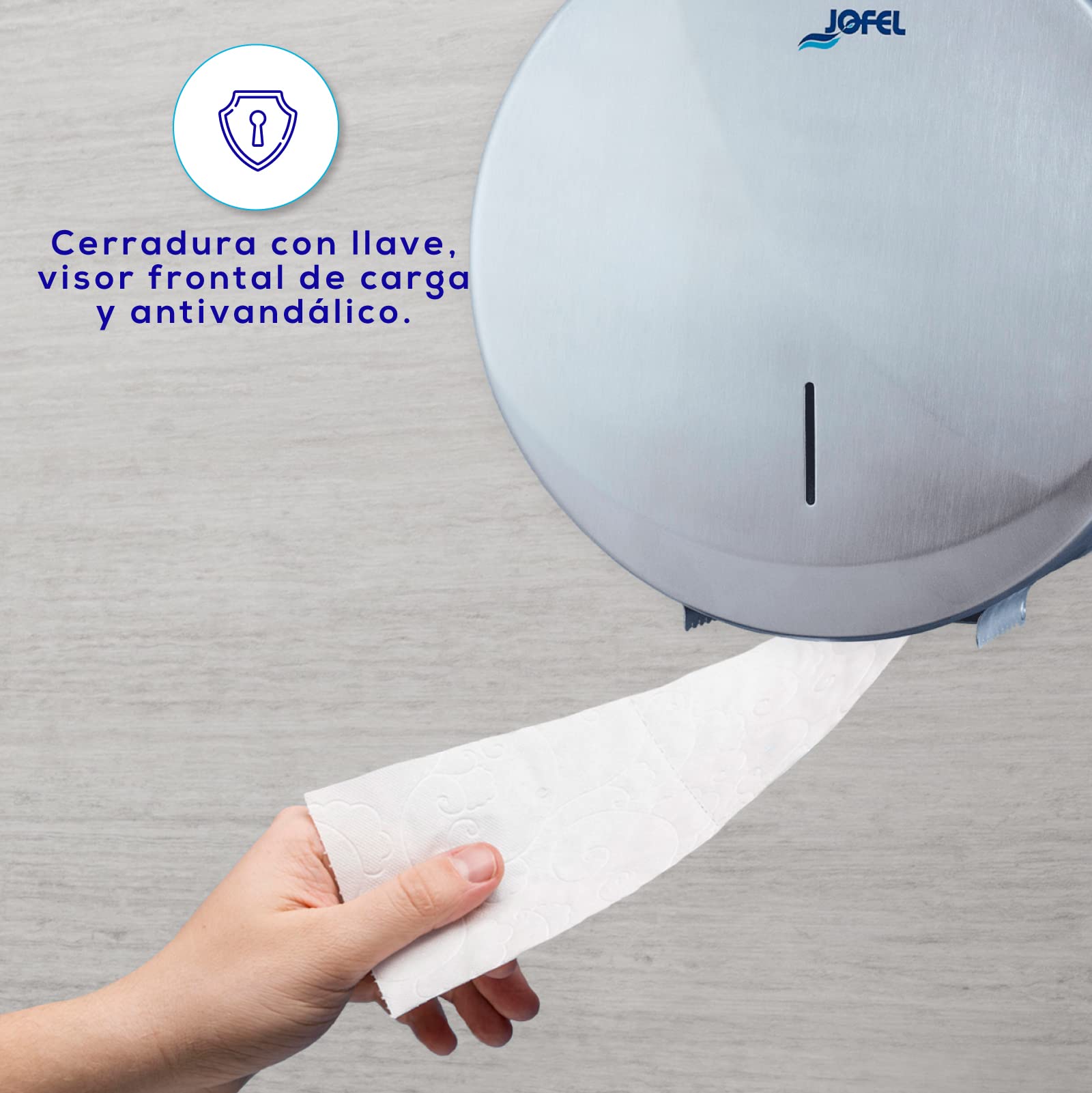 Jofel - Portarrollos de Papel Higiénico Industrial Grande, Dispensador de Papel en Rollos de hasta 400m, max. 260mm Diámetro, Mandril 55mm, Acero Inox. Satinado AISI 304 Antivandálico, Futura AE26000