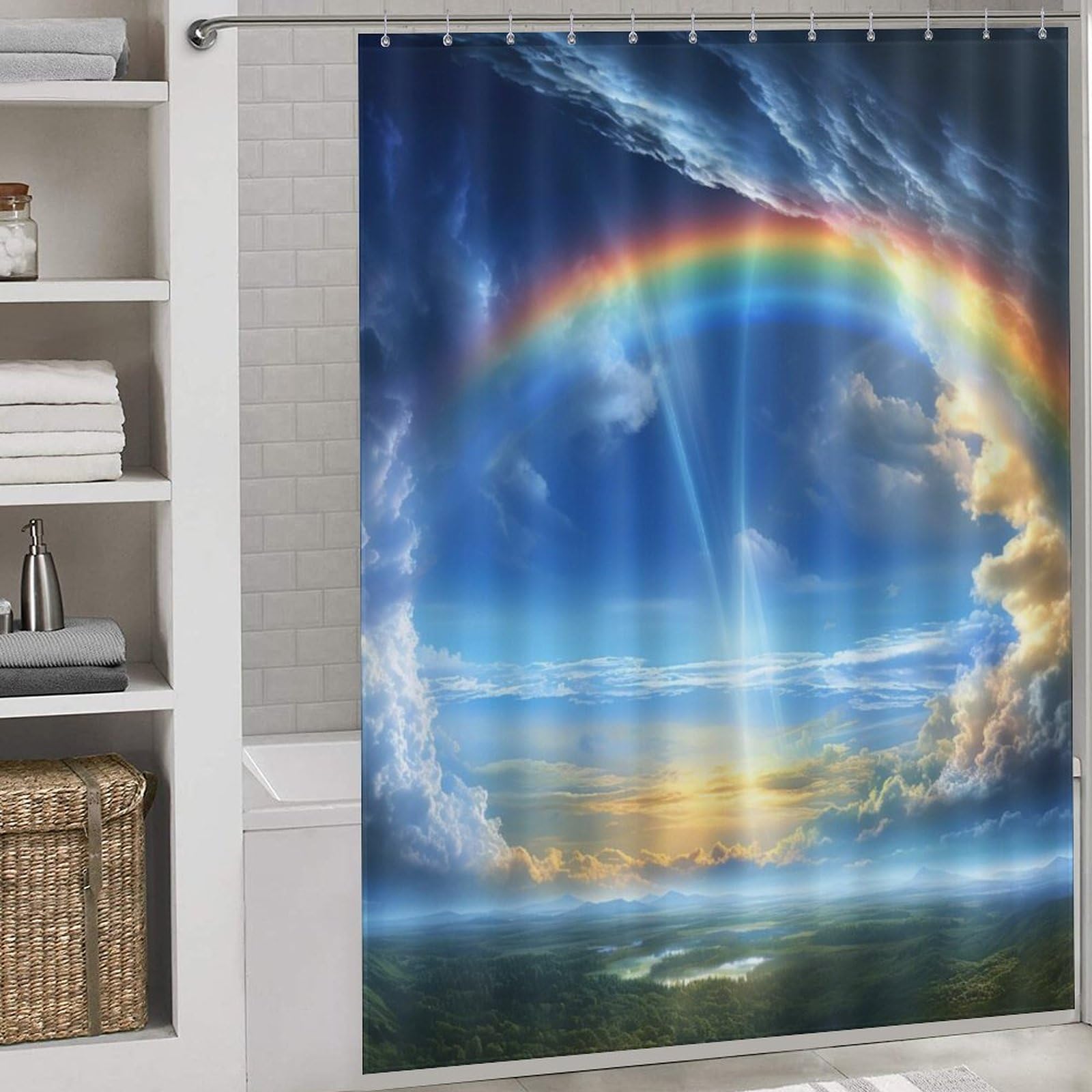 Rideau de douche paysage anti-éclaboussures en tissu polyester lavable pour baignoire