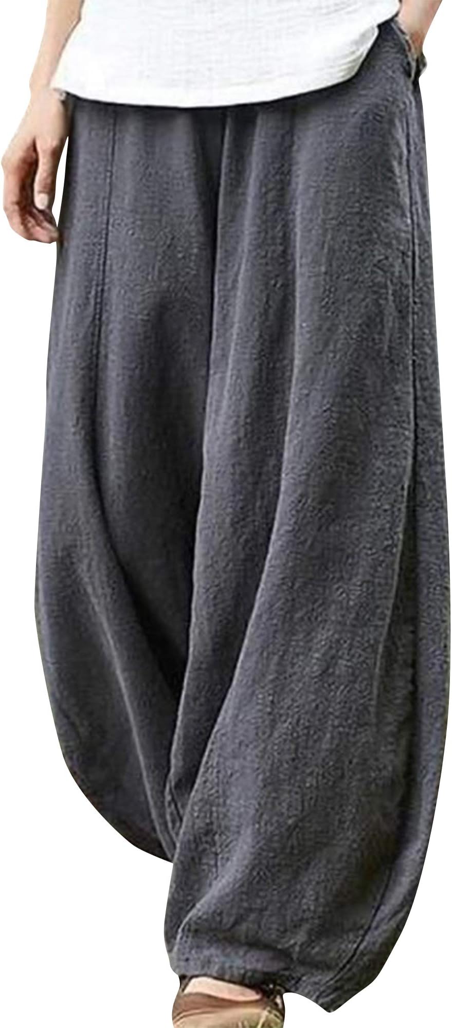 AbtelAbtel Linen Trousers Womens Wide Leg Trousers Casual Elasticated Waist Baggy Harem Pants with Pocket Palazzo Beach Trousers Pant Plus Size