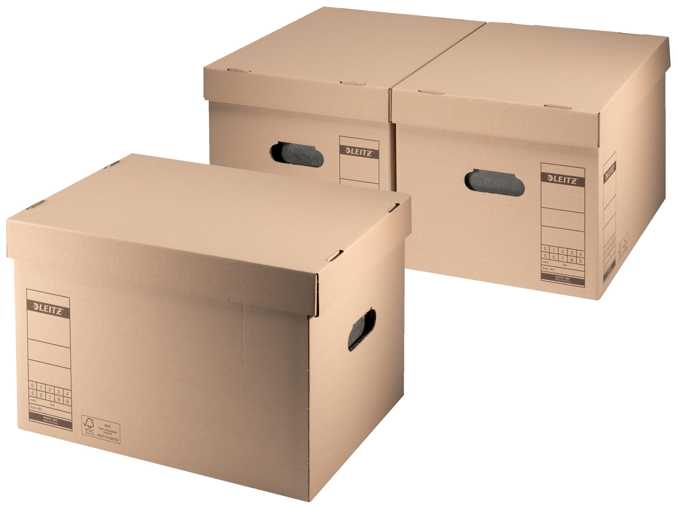 Leitz Premium 60810000 - Scatola per 4 raccoglitori A4 larghi o 7 stretti e altro ancora, con coperchio, confezione di cartone pieghevole, 100% riciclabile, 10 pezzi, marrone, 60810000