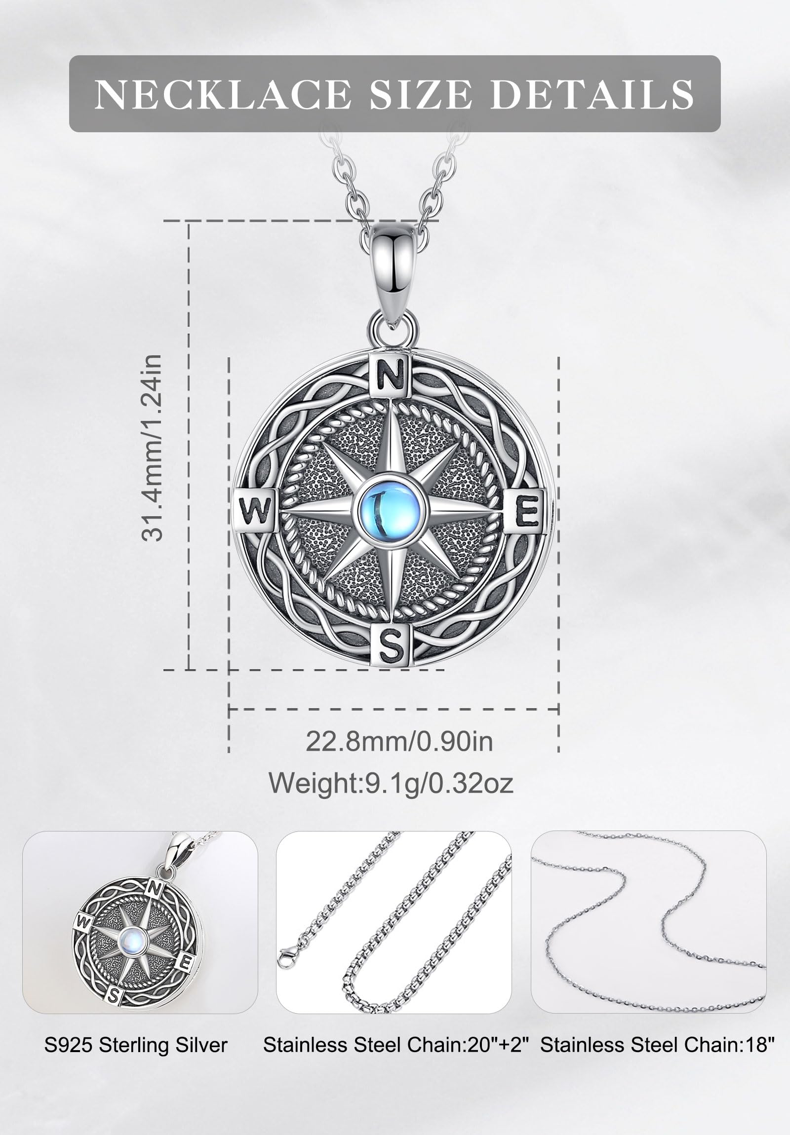S925 Collana con Medaglione in Argento Sterling con Bussola per Donna, Ciondolo con Urna con Bussola Personalizzata Foto in Pietra di Luna Gioielli Regalo di Compleanno, 20+2"