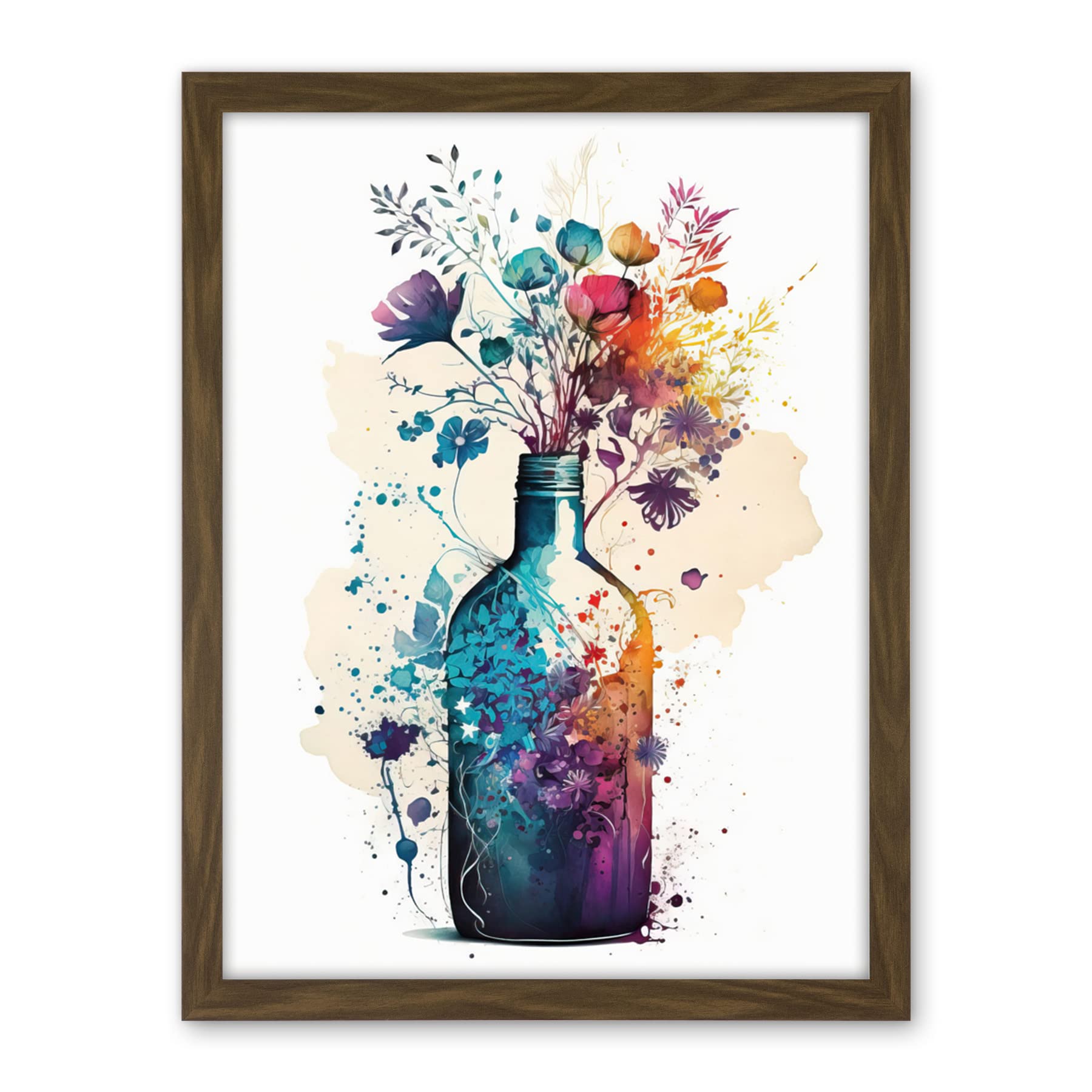 Artery8 Wildflower Spring Bouquet in Glass Wine Bottle Artwork Framed Wall Art Print 18X24 Inch