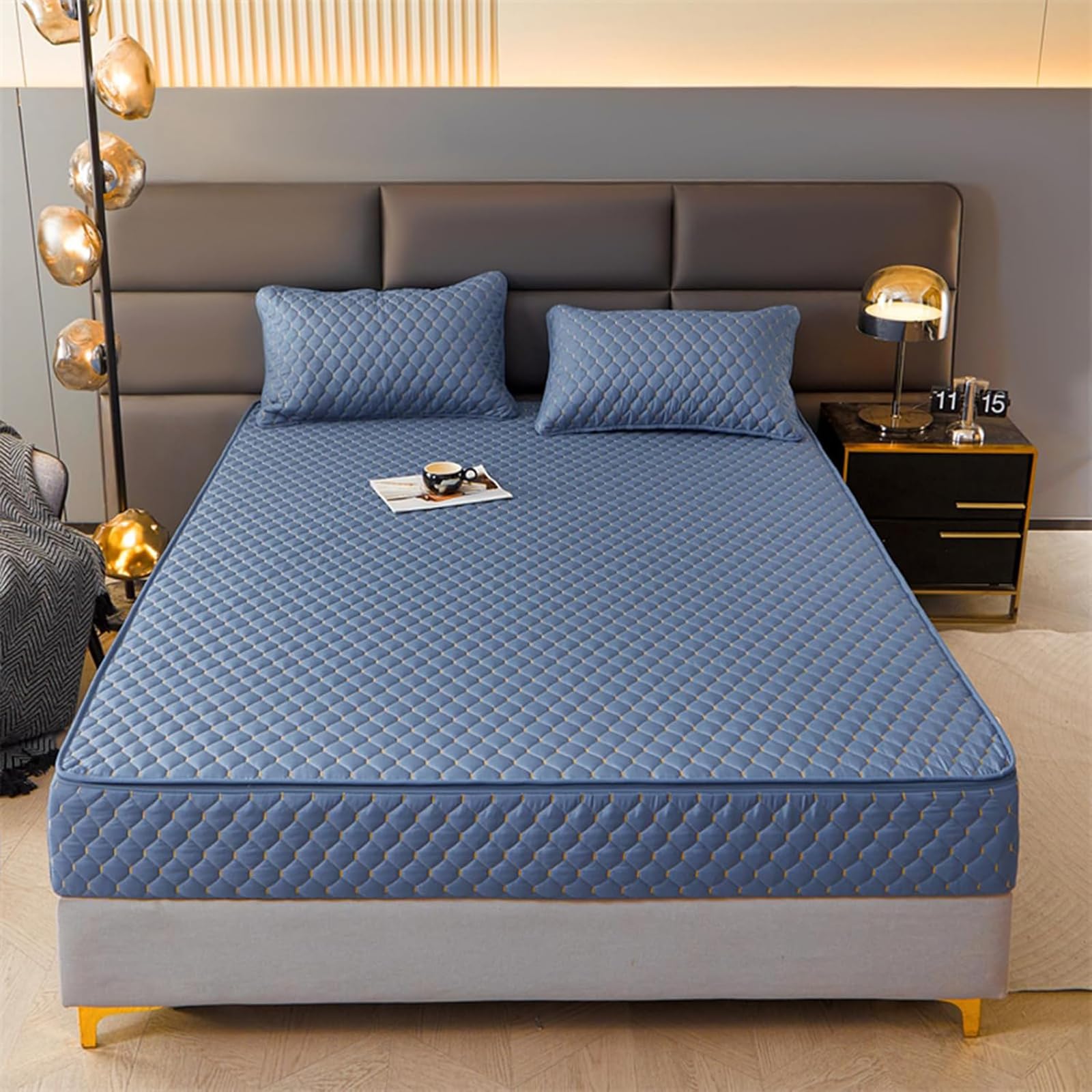 Gesteppter, waschbarer Matratzenbezug mit Reißverschluss, anpassbare Größe, feuchtigkeitsbeständig und waschbar, atmungsaktiver und weicher Matratzenschoner-Blue- 160x190+22cm
