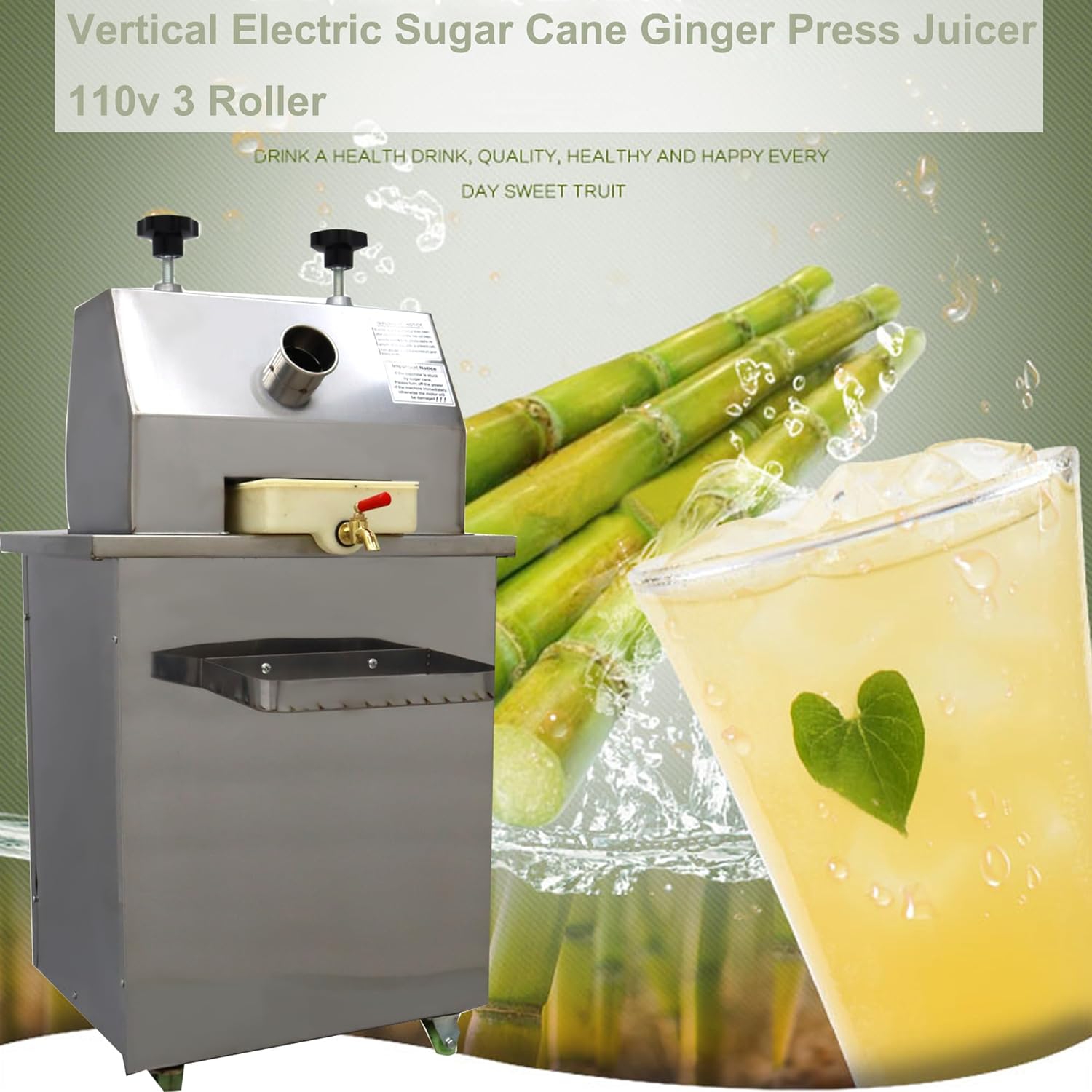 Sugar Cane Juicer Electric Sugarcane Press Vertical Electric Sugar Cane Ginger Press Juicer 3 Stainless Steel Rollers Sugarcane Juice Press Extractor with 2 Knives 110V 1100W