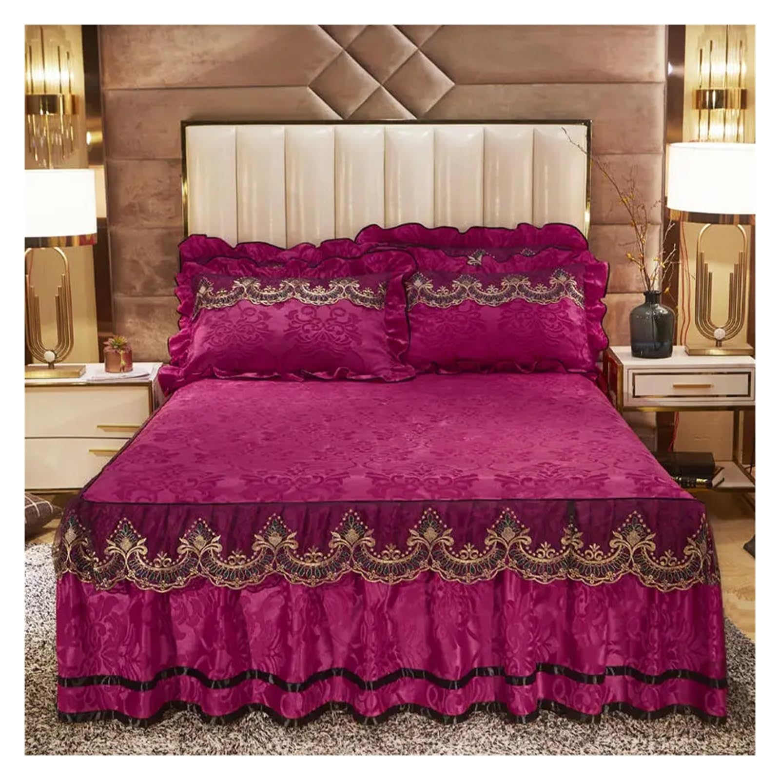 Velvet Bedding Bed Skirt Pillowcases Quilted Bedspread Lace Embroidery Ruffle Mattress Cover Bed Sheet Home Textile(D,1pcs Skirt 200X220)