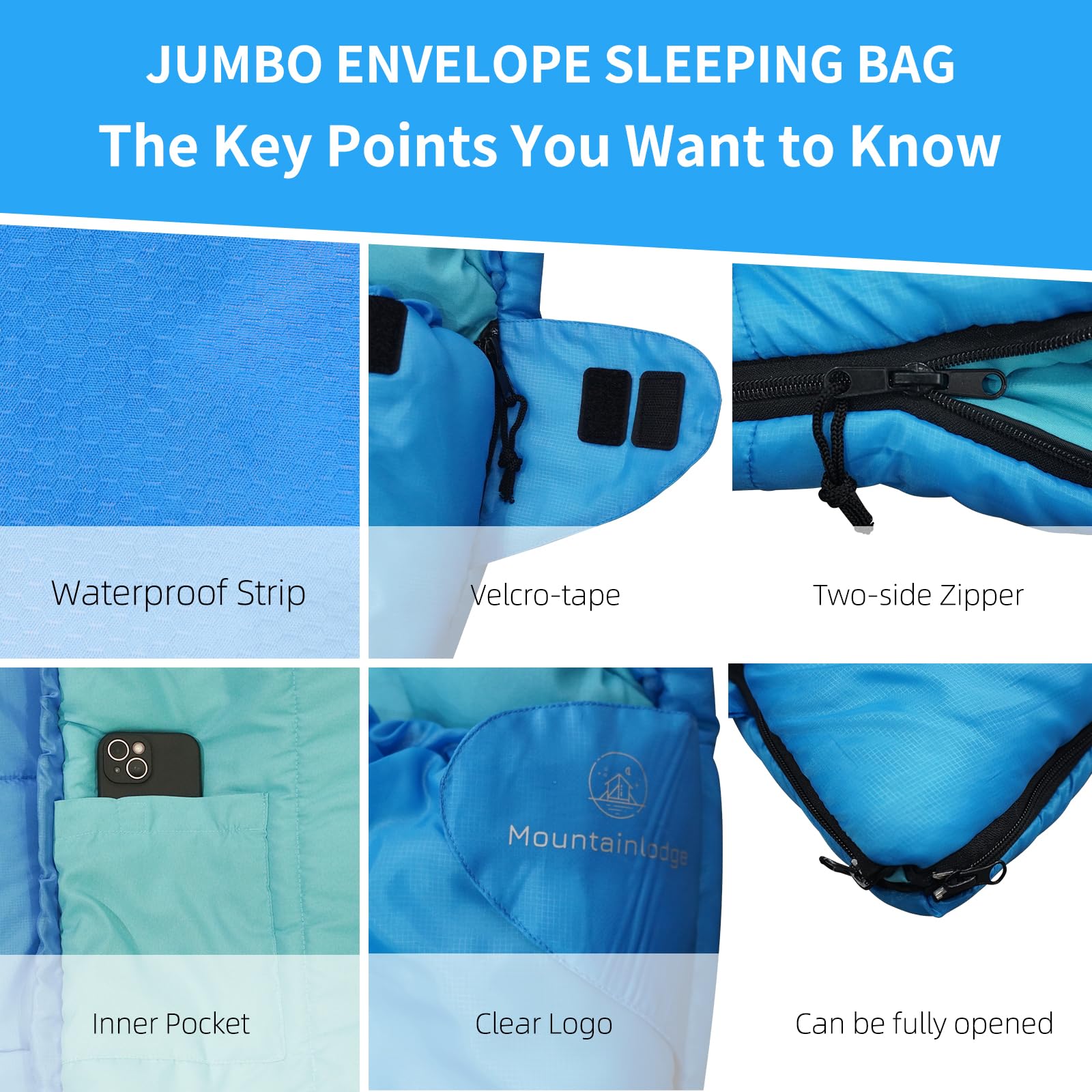 VESPERBUDDY Jumbo Sleeping Bag for Adult&Kids,Cold&Warm Weather with Compression Sack and Water Resistant for Family Camping,Travel and Car Camping (Blue with Left Hand)