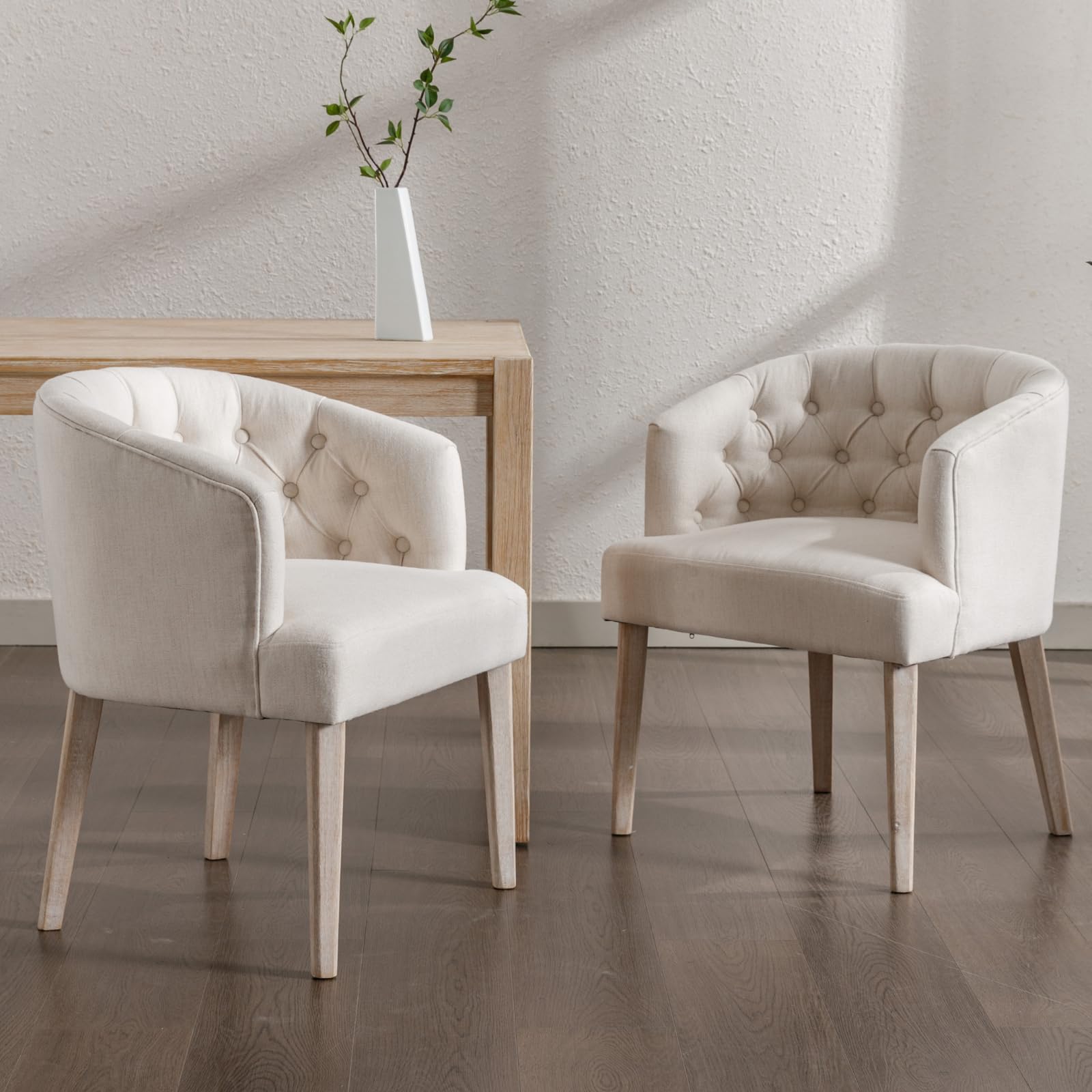 LukeAlon Linen Dining Chairs Set of 2, Modern Upholstered Living Room Chairs with Wood Legs Mid Century Button Tufted Side Chairs with Armrest for