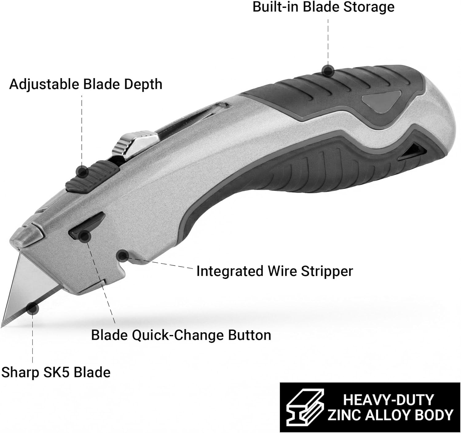 Box Cutter Retractable with Built-In Blade Storage & Wire Stripper, Heavy-Duty Utility Knife safety, Metal Alloy Body, Ergonomic Non-Slip Rubber Grip, Quick Change Blade Razor Knife (Matte Gray)